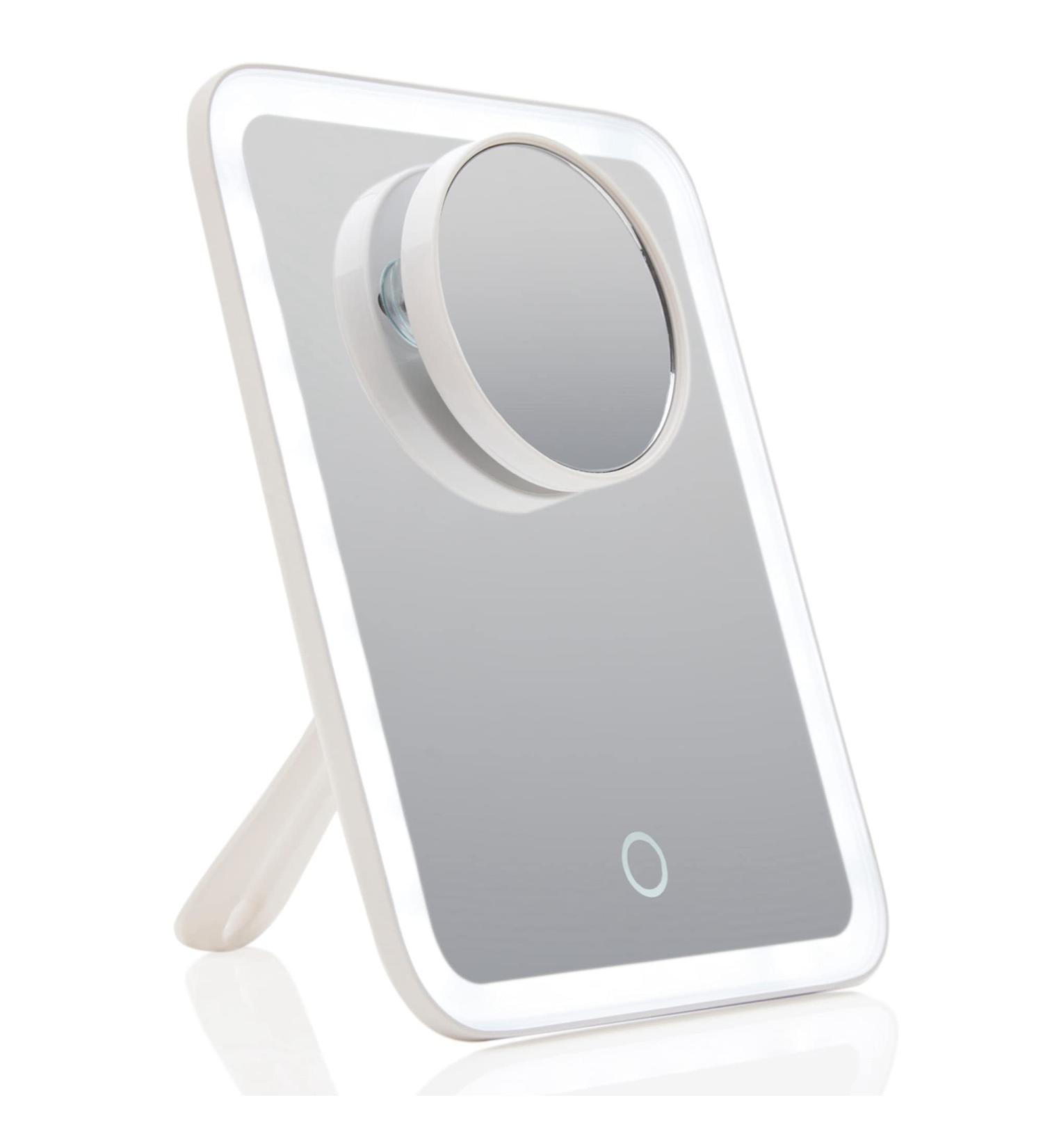 Fancii Rechargeable LED Travel Makeup Mirror with 3 Color Settings and Detachable 10x Magnifying Mirror - Dimmable Touch Light, Adjustable Kickstand - Lighted Portable Vanity Mirror (Aura Go 2) - Buy Online on SooperMarket.com