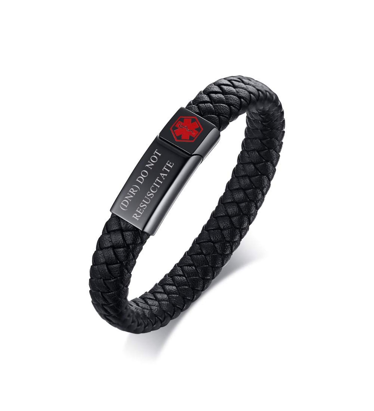 Personalized Emergency Medical Alert ID Cuff Bracelet (DNR) with Free Engraving - Men's & Women's Magnetic Clasp Leather Bracelet - Buy Online on SooperMarket.com