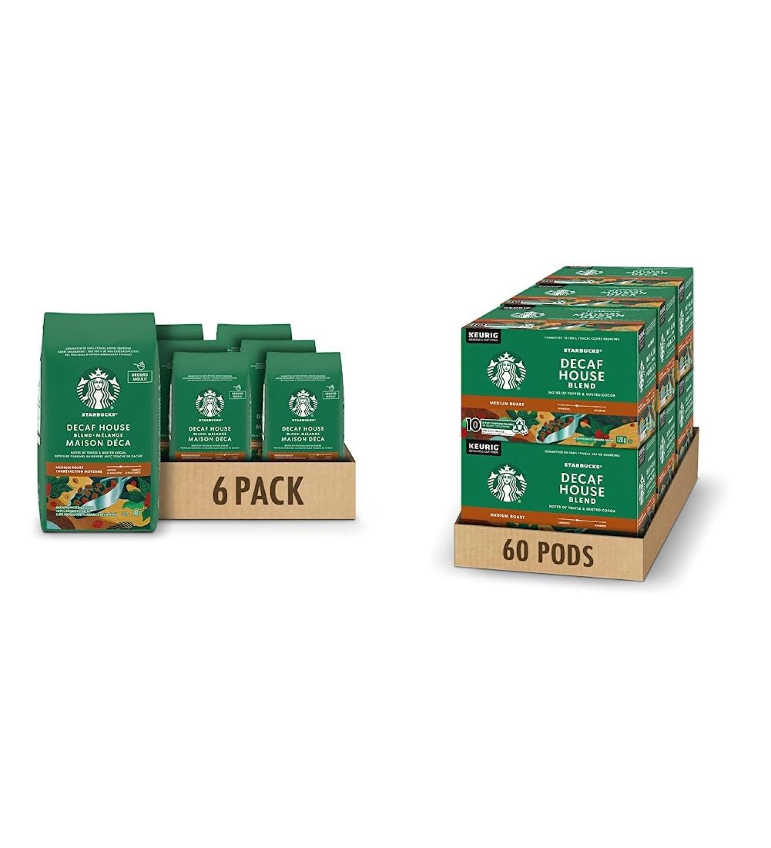 Starbucks Decaf House Blend Ground Coffee Medium Roast 340 Grams (pack of 6) & House Blend Decaf K-Cups Single Serve Keurig Compatible Coffee Pods For Keurig Brewers - 60 Capsules Coffee + K-Cup Pods - Buy Online on SooperMarket.com