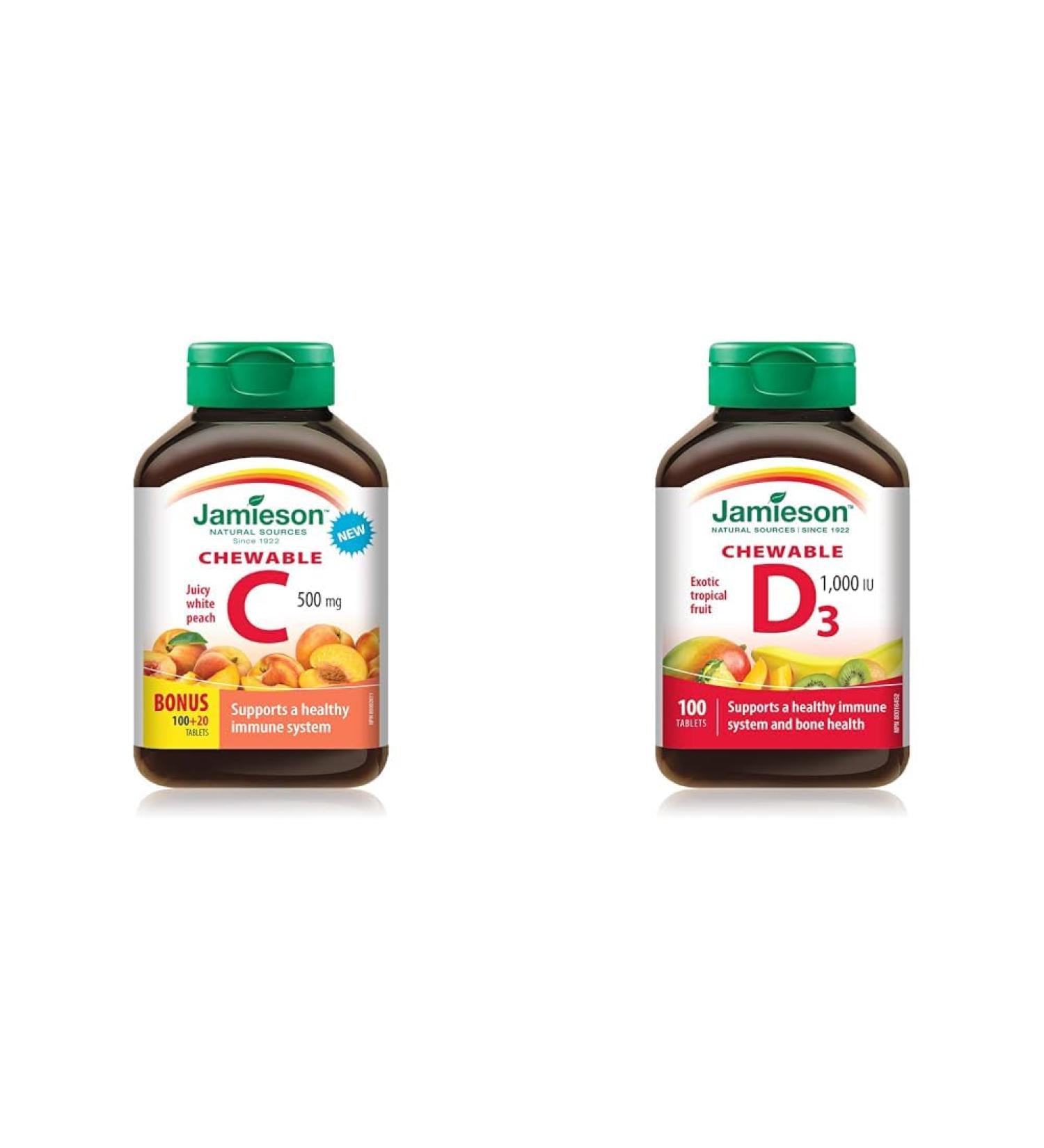 Jamieson Chewable Vitamin C 500 mg - White Juicy Peach Flavour 120 Count (Pack of 1) & Chewable Vitamin D3 1 000 IU - Exotic Tropical Fruit Flavour 100 Count (Pack of 1) - Buy Online on SooperMarket.com