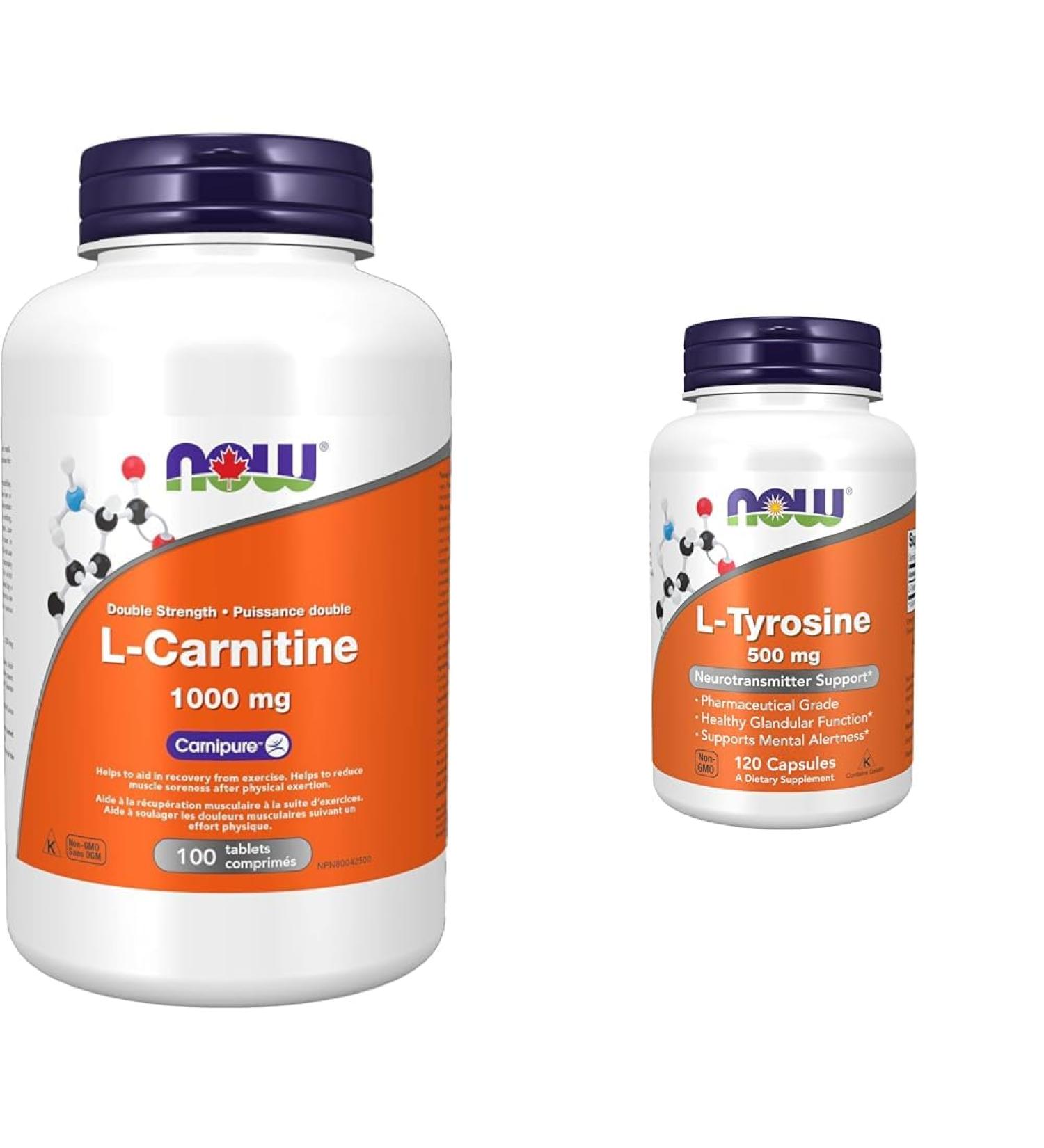 NOW - L-Carnitine Double Strength 1000mg 100 Tablets & L-Tyrosine (Freeform) Capsules 500mg 120 Count Nutritional Supplement + Capsules - Buy Online on SooperMarket.com
