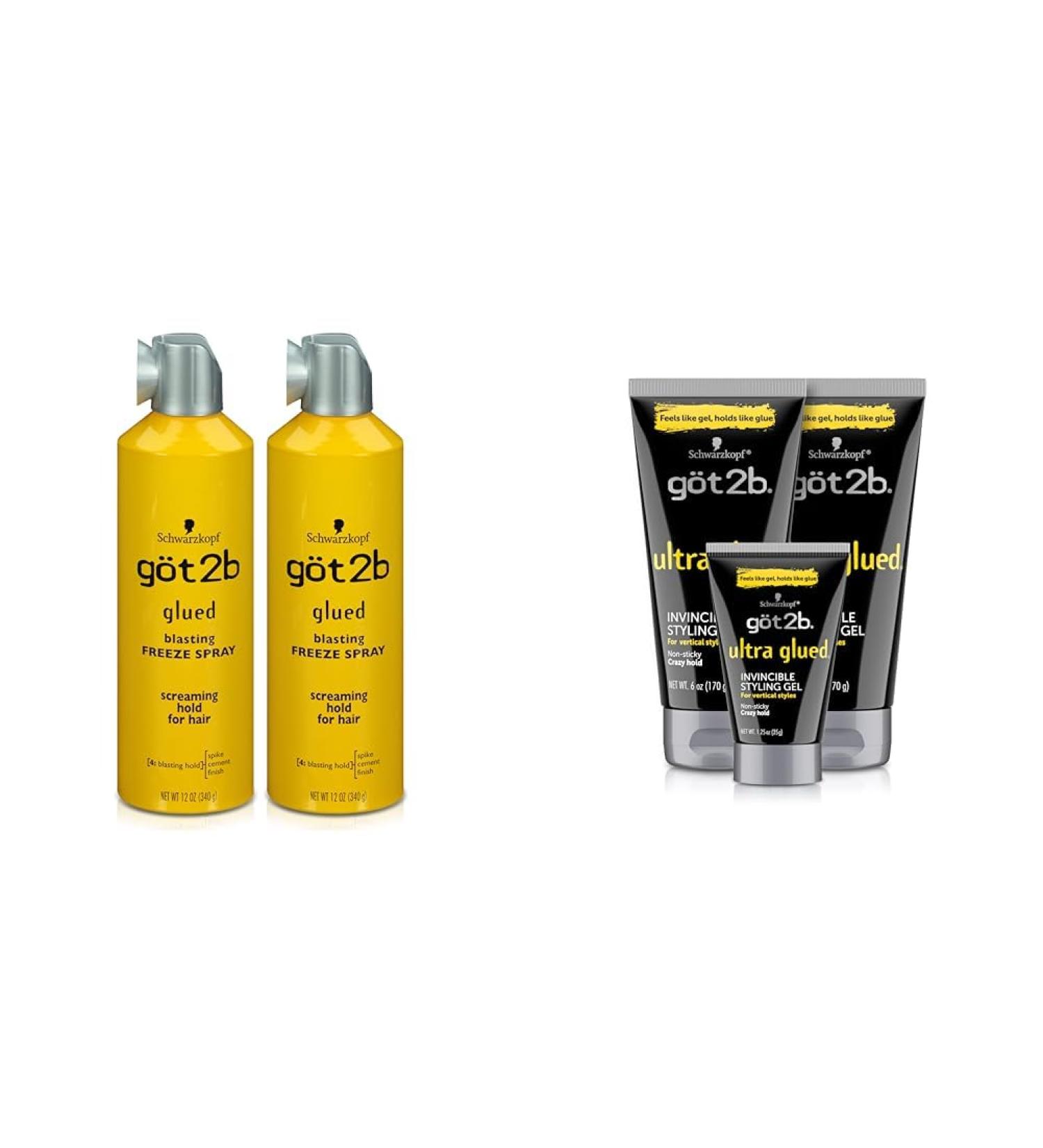Got2B Glued Blasting Freeze Hairspray 12 oz Pack of 2 & Ultra Glued Invincible Styling Gel 2-6 oz Tubes + 1 Travel 1.25 oz Tube Blasting Freeze Spray 12 Fl Oz (Pack of 2) Hairspray + Styling Gel 2 - 6 oz - Buy Online on SooperMarket.com