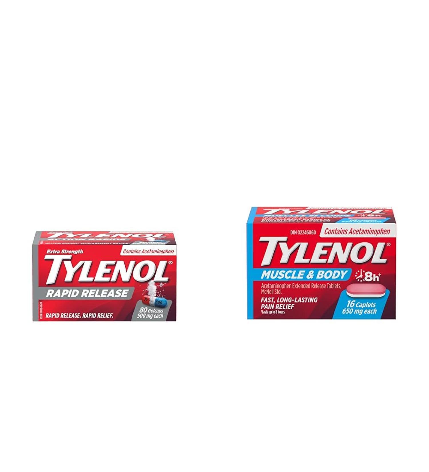 Tylenol Rapid Release for Headache Pain Relief Fever (500 mg Acetaminophen 80 Gelcaps) + Tylenol Muscle Aches and Body Pain (650 mg Acetaminophen 16 Caplets) 80 Count (Pack of 1) Medication+Tylenol - Buy Online on SooperMarket.com