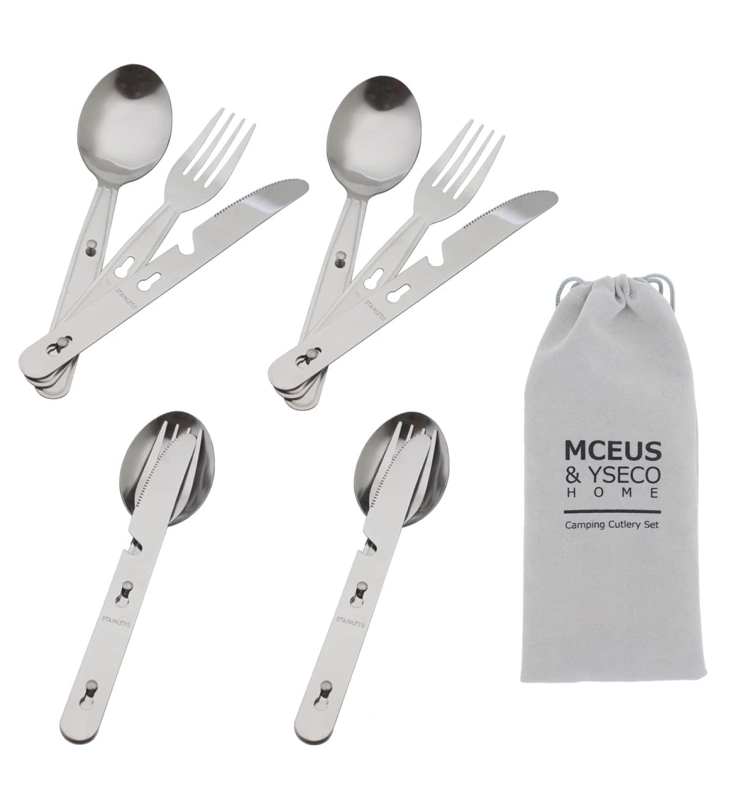 Camping Utensils Set for 4 - Stainless Steel 4-in-1 Cutlery with Bottle Opener & Carrying Bag | Portable Hiking Gear for Picnic, Travel, Backpacking - Buy Online on SooperMarket.com