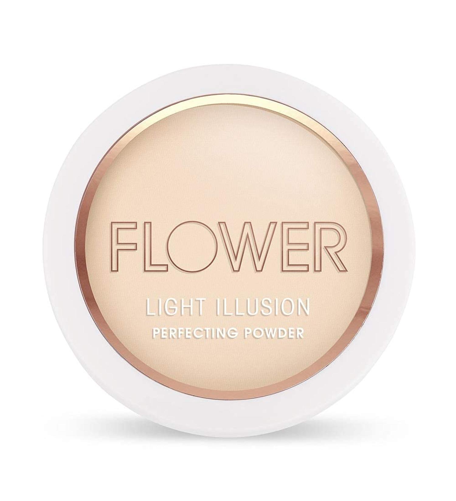 Flower Beauty Light Illusion Perfecting Powder - Pressed Powder Face Makeup  Buildable Medium Coverage with Blurring Pigments  Includes Mirror & Sponge (Nude)