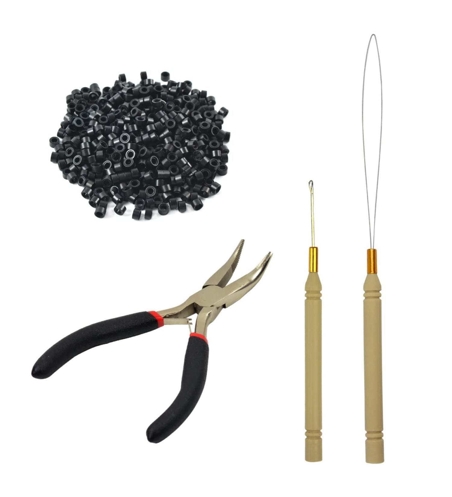 Black Hair Extensions Tool Kit with Pliers, Pulling Hook, and 500 Micro Links Rings Beads - Black Hair Pliers Included - Buy Online on SooperMarket.com