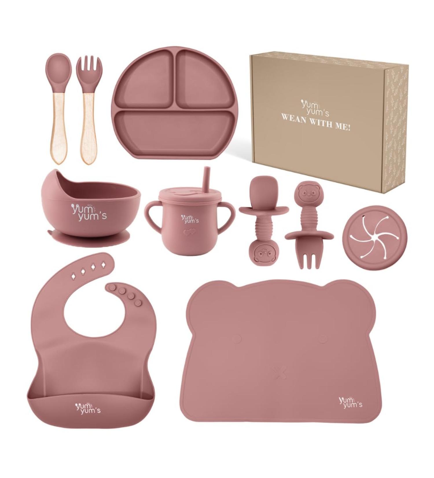 Yum Yum's Baby Weaning Set - Silicone Feeding Set of 10 with Suction Bowl, Spoon, Fork & Cup | Suction Plate & Baby Plate - Baby Gifts & Presents - Pink - Buy Online on SooperMarket.com
