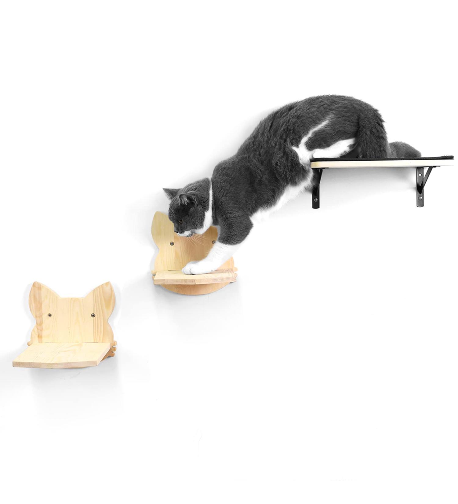 Wall Mounted Cat Hammock Shelf with Solid Rubber Wood Steps - Hanging Perches for Sleeping, Playing, and Climbing - Buy Online on SooperMarket.com