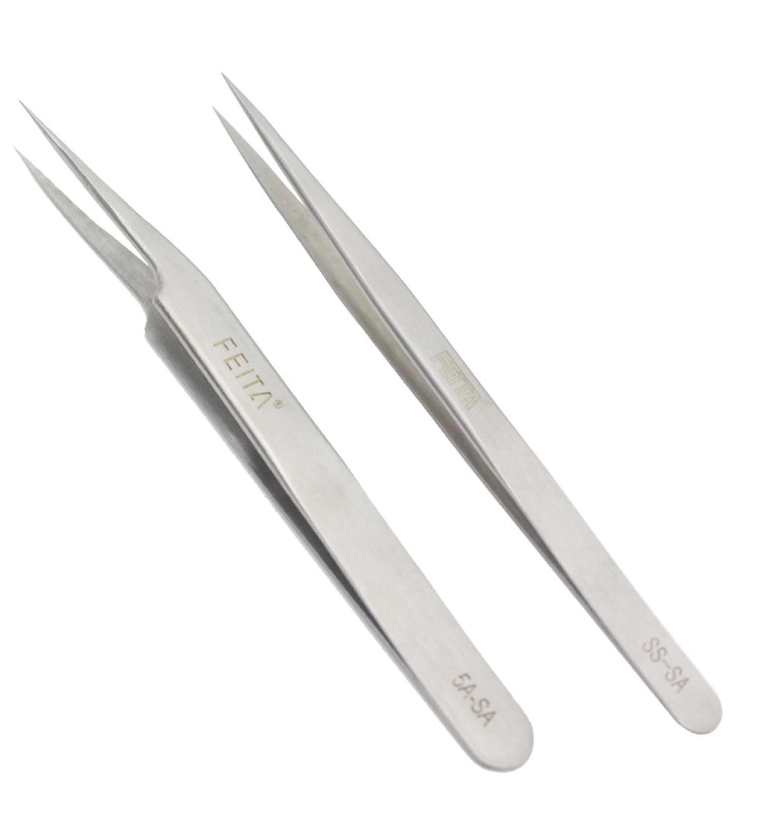 FEITA Precision Tweezers Set - Straight & Slanted Tip Stainless Steel Tweezers for Eyelash Extension, Craft, Jewelry, Eyebrow & Ingrown Hair Removal - Silver 2Pcs - Buy Online on SooperMarket.com