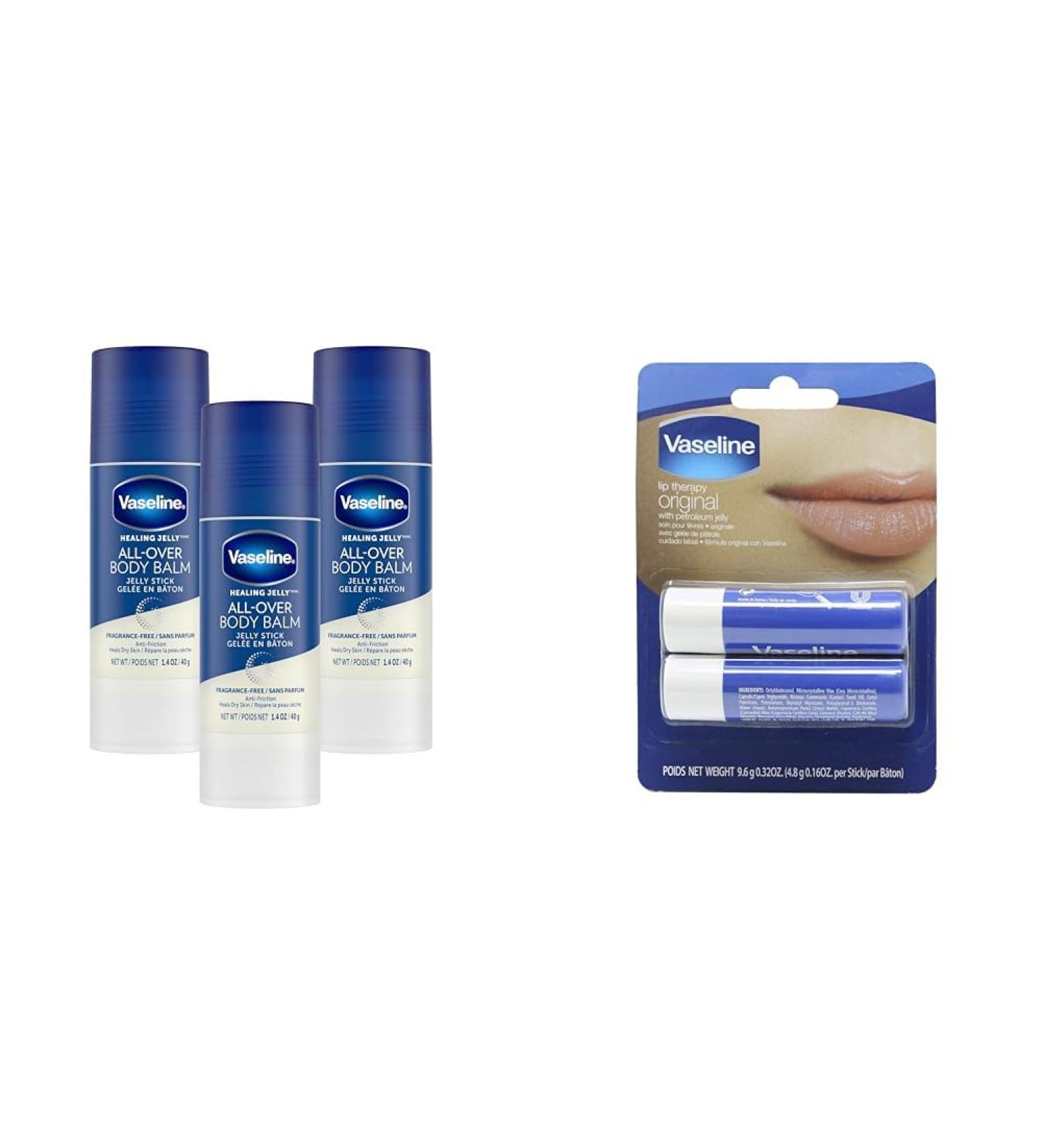 Vaseline Healing Jelly All Over Body Balm Jelly Stick dry skin relief gel moisturizer Original Petroleum Jelly for hard to reach spots 40 g (Pack of 3) & Lip Therapy Original 2x4.8g Skin Moisturizer+ 2 Pack - Buy Online on SooperMarket.com