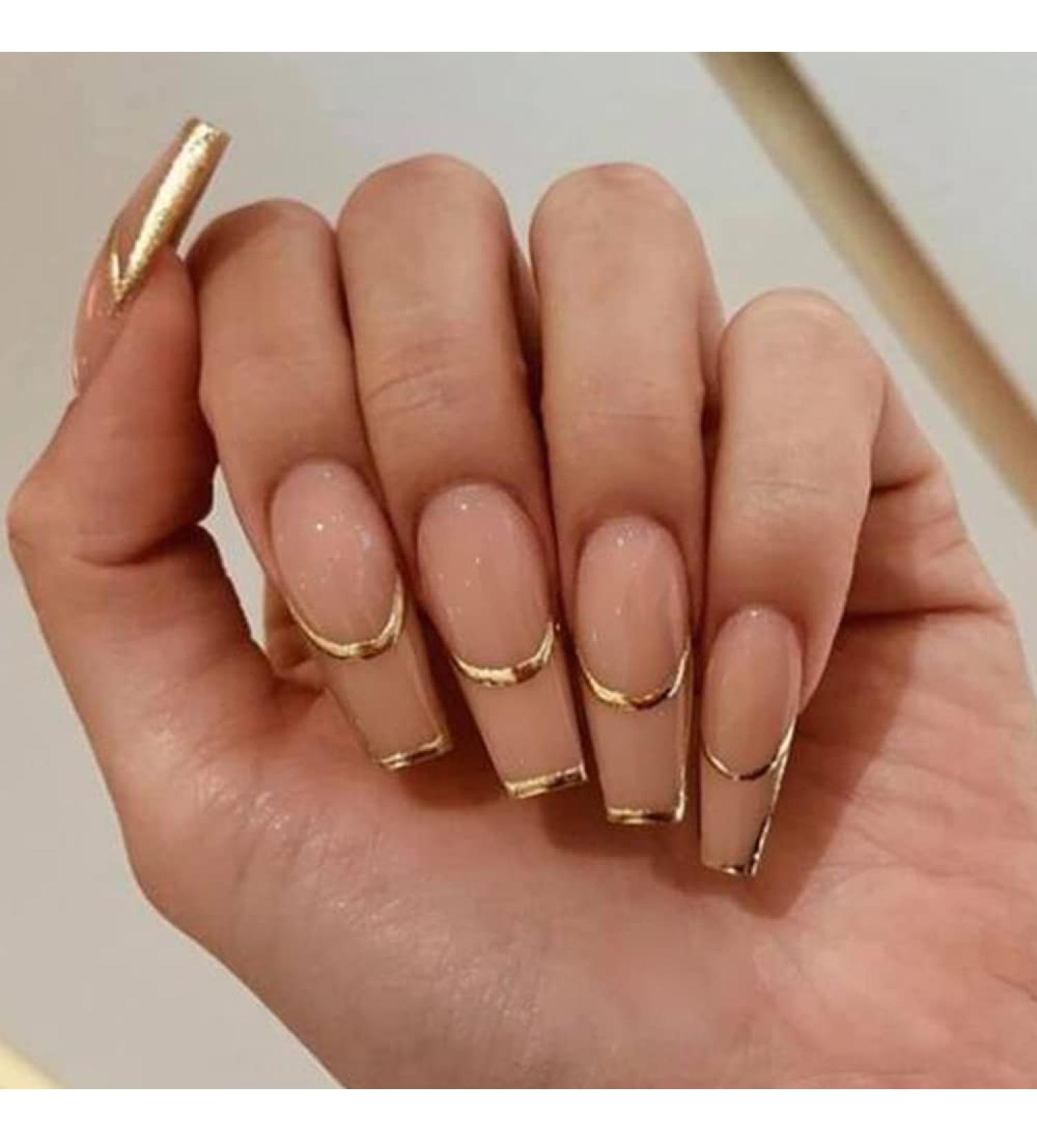 Timmoko Long Square Fake Nails - Exquisite Gold Foil Stripes Design - 24pcs - Buy Online on SooperMarket.com
