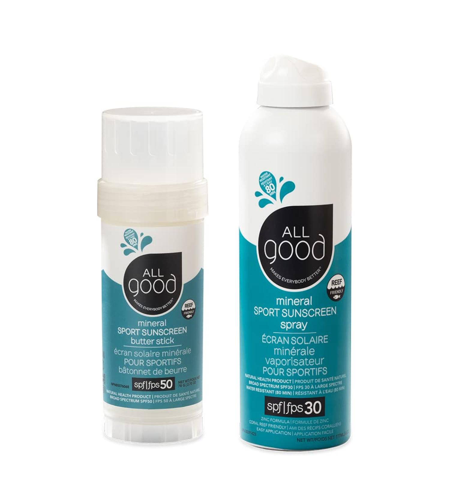 All Good Sport Sunscreen Spray & Butter Stick - 30 SPF & 50 SPF - Water Resistant, Coral Reef Friendly - 2 oz - Pack of 1 - Buy Online on SooperMarket.com