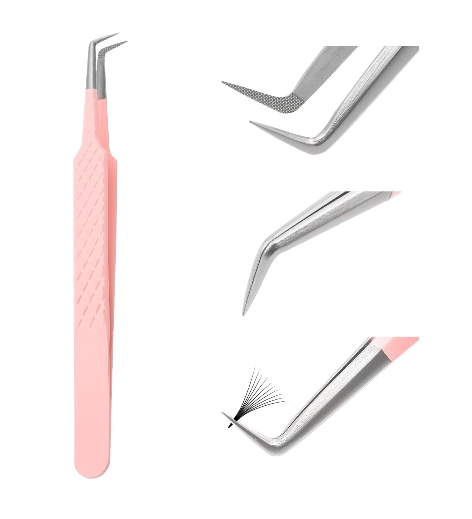 Tweezers for Eyelash Extension Professional Pink Stainless Steel Curved Tip Professional Eyelash Tweezers Striped FADVAN(90 Bend Shape) 90 Bend Shape Pink - Buy Online on SooperMarket.com