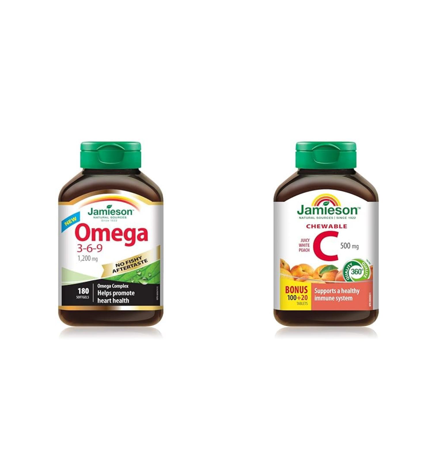 Jamieson NFA Omega 3-6-9 180 Softgels & Chewable Vitamin C 500 mg - White Juicy Peach Flavour 120 Count (Pack of 1) SUPPLEMENT + VITAMIN 9221 - Buy Online on SooperMarket.com
