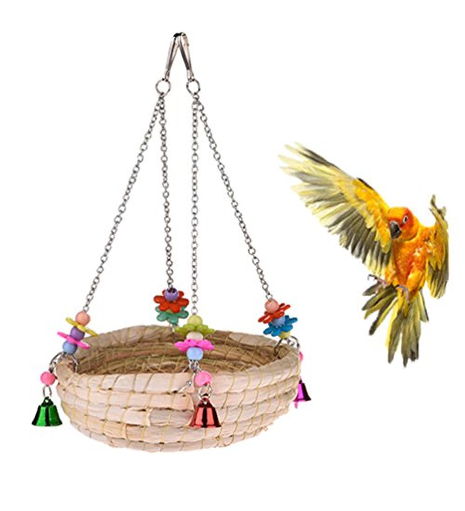 Woven Straw Nest Bed Large Bird Swing Toy with Bell for Parrot Cockatiel Parakeet and More - Perfect Cage Perch for Various Small to Medium Birds and Small Pets - Buy Online on SooperMarket.com