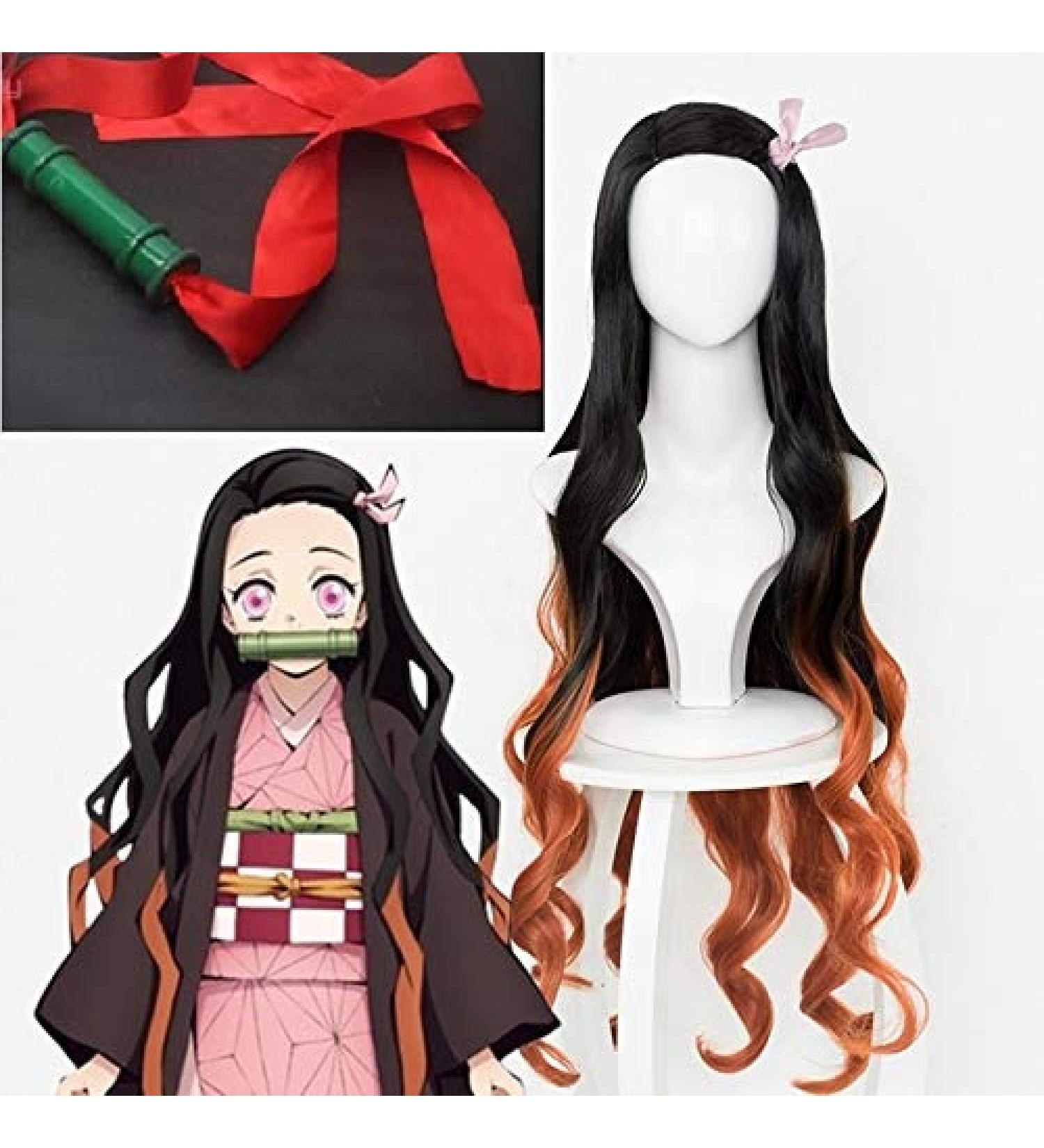 Demon Slayer Kimetsu No Yaiba Kamado NEZO COSPLAY WIG HEAT Resistant Synthetic Hair Wigs + Wig Cap + Bamboo Props Sealing Stick and Stick 1