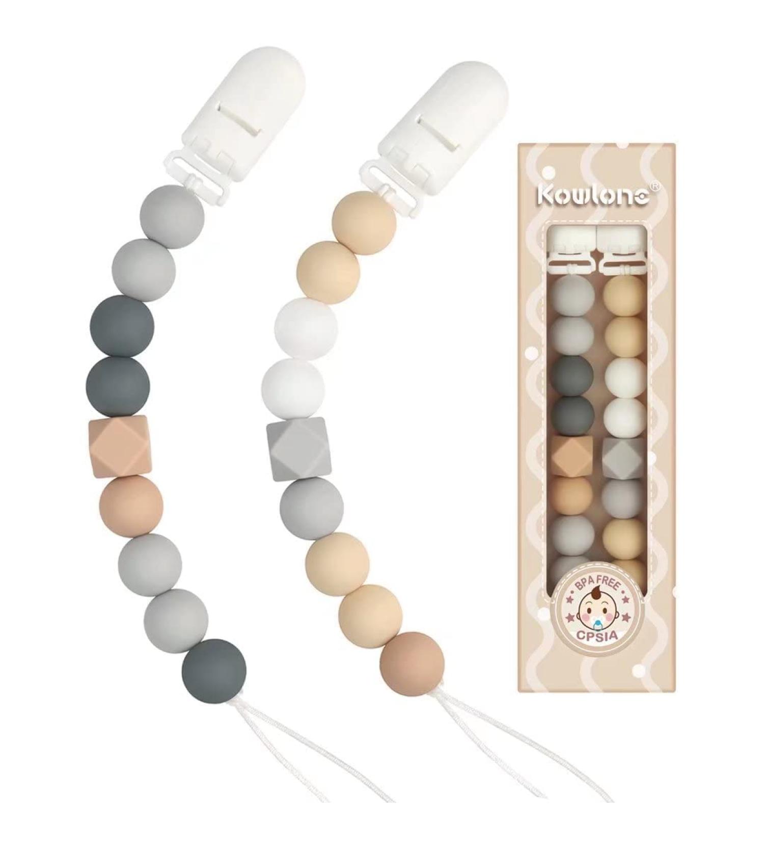 Kowlone Dummy Clips - Soother Pacifier Chain Holder for Boys Girls Unisex Newborn Dummies (Grey Beige) - Buy Online on SooperMarket.com