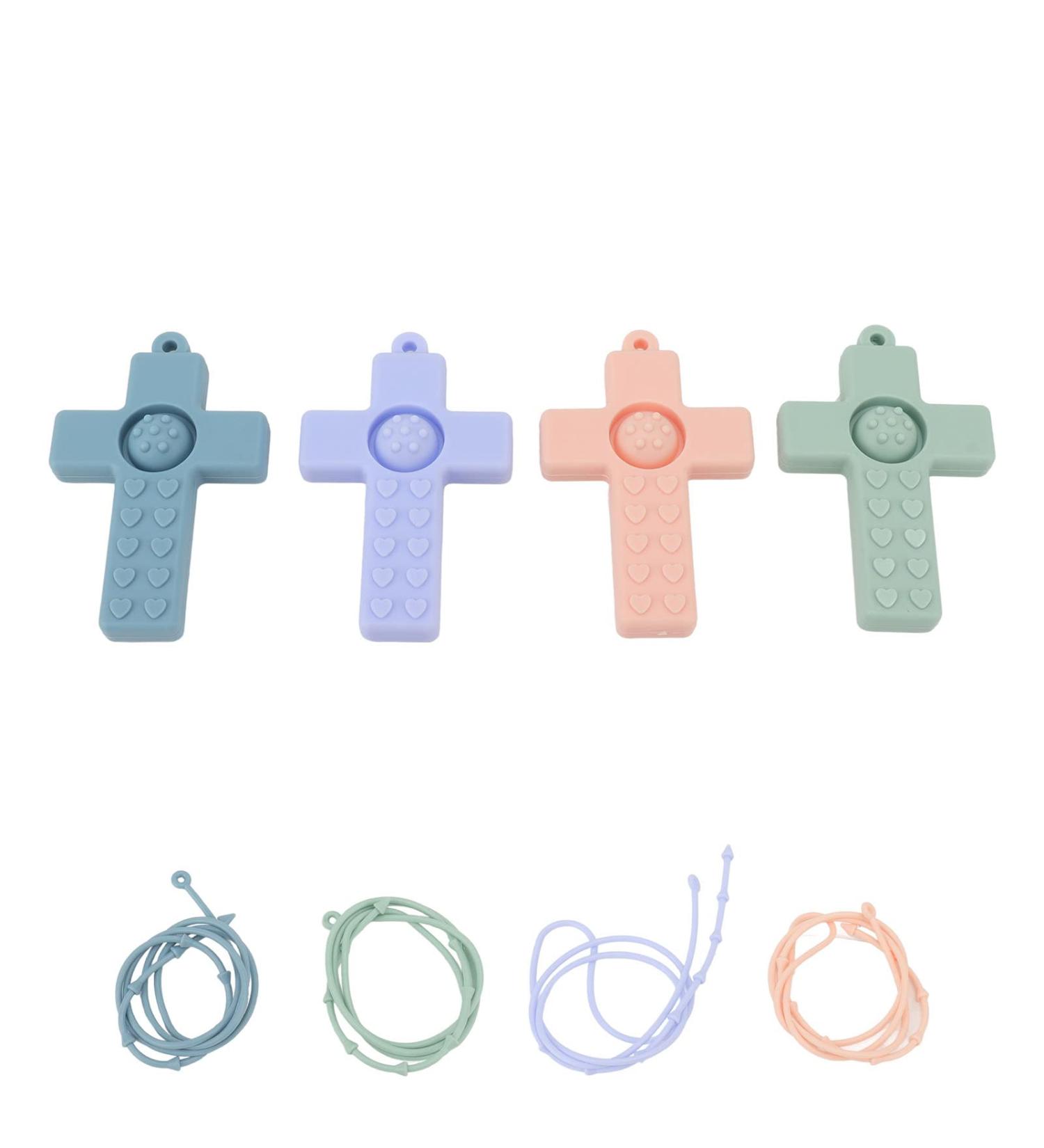 4PCS Cross Design Silicone Baby Teether Set with Lanyard - Teething Toy for Newborns, Ideal Kids Gift - Buy Online on SooperMarket.com