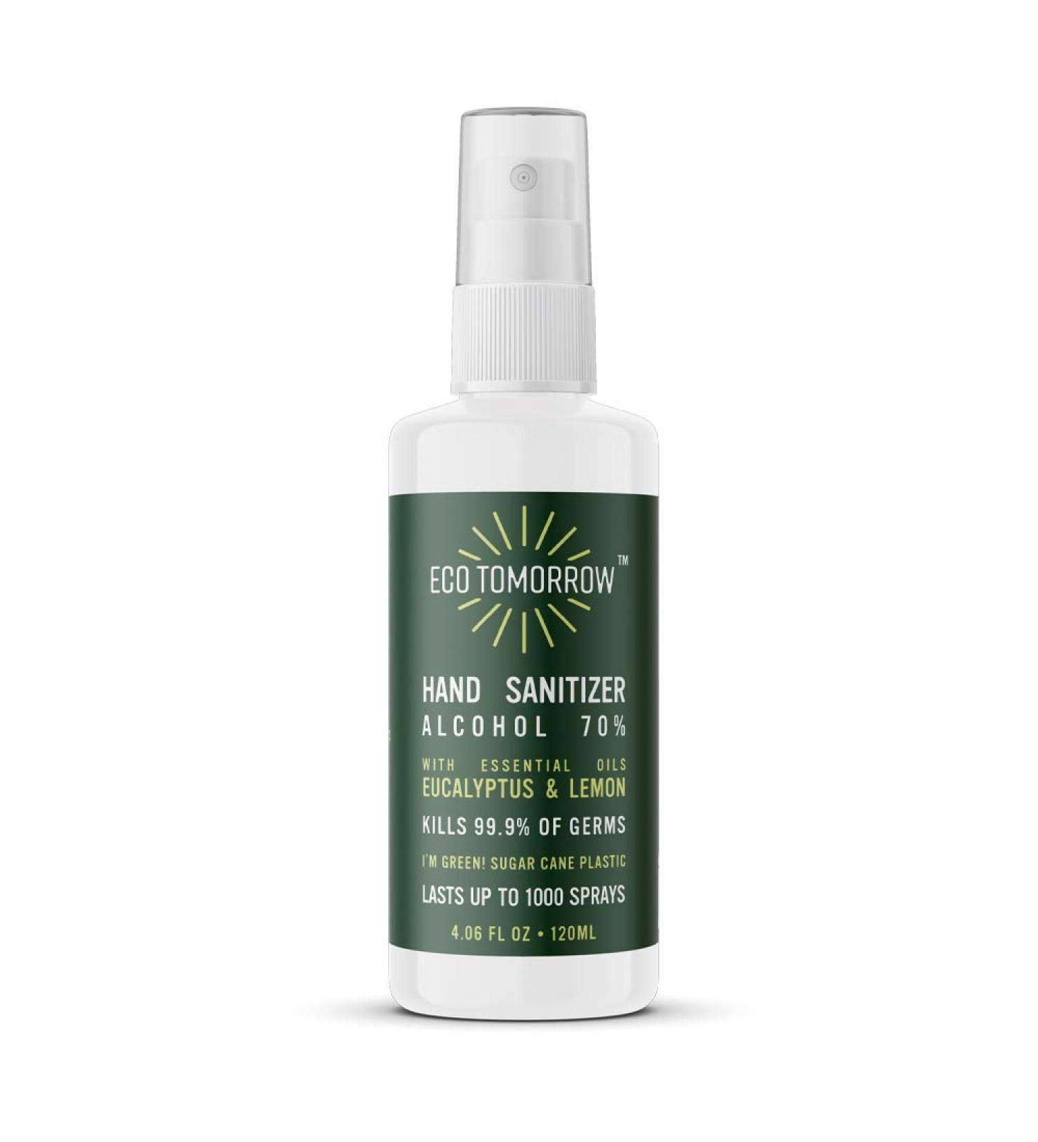 Vegan Hand Sanitizer Spray | EcoTomorrow | Kills 99.9% of Germs | Natural Formula with Essential Oils | Eucalyptus & Lemon | 4.06oz Bottle - Buy Online on SooperMarket.com