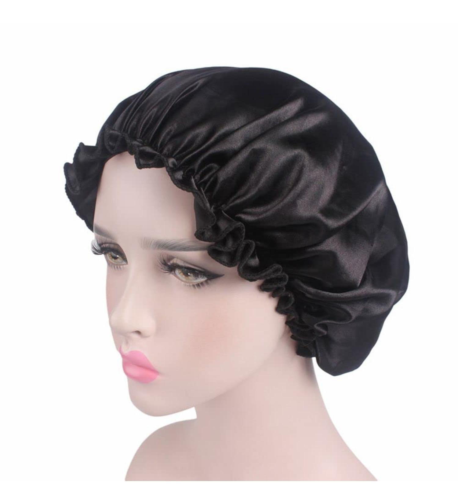 Women Satin Silk Sleeping Hat - Black Shower Cap for Lady Night Hair Care - Buy Online on SooperMarket.com