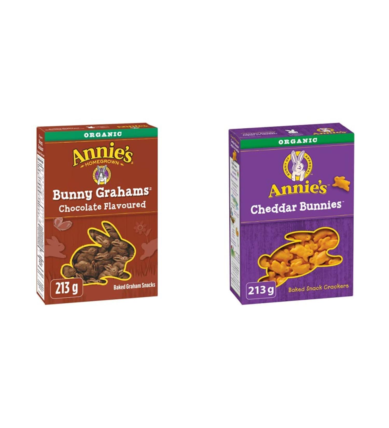 Annie's Homegrown Organic Chocolate Bunny Grahams 213 Grams & Organic Cheddar Bunnies Baked Snack Crackers 213 Grams - Buy Online on SooperMarket.com