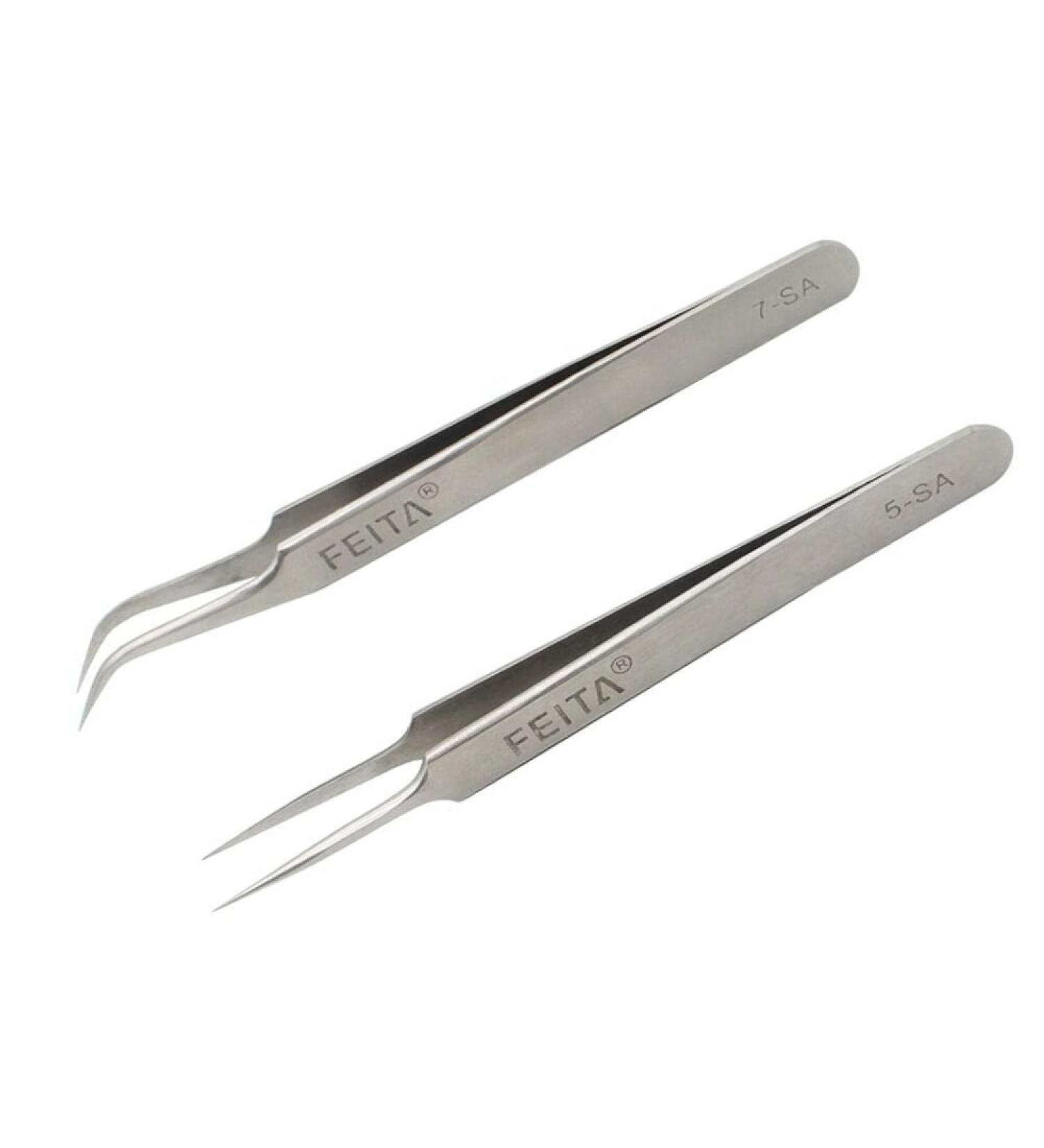 Feita Precision Eyelash Tweezers Set - Professional Straight & Curved Tweezers for Eyelash Extensions - Fine Tip - Silver - 2 Pack - Buy Online on SooperMarket.com
