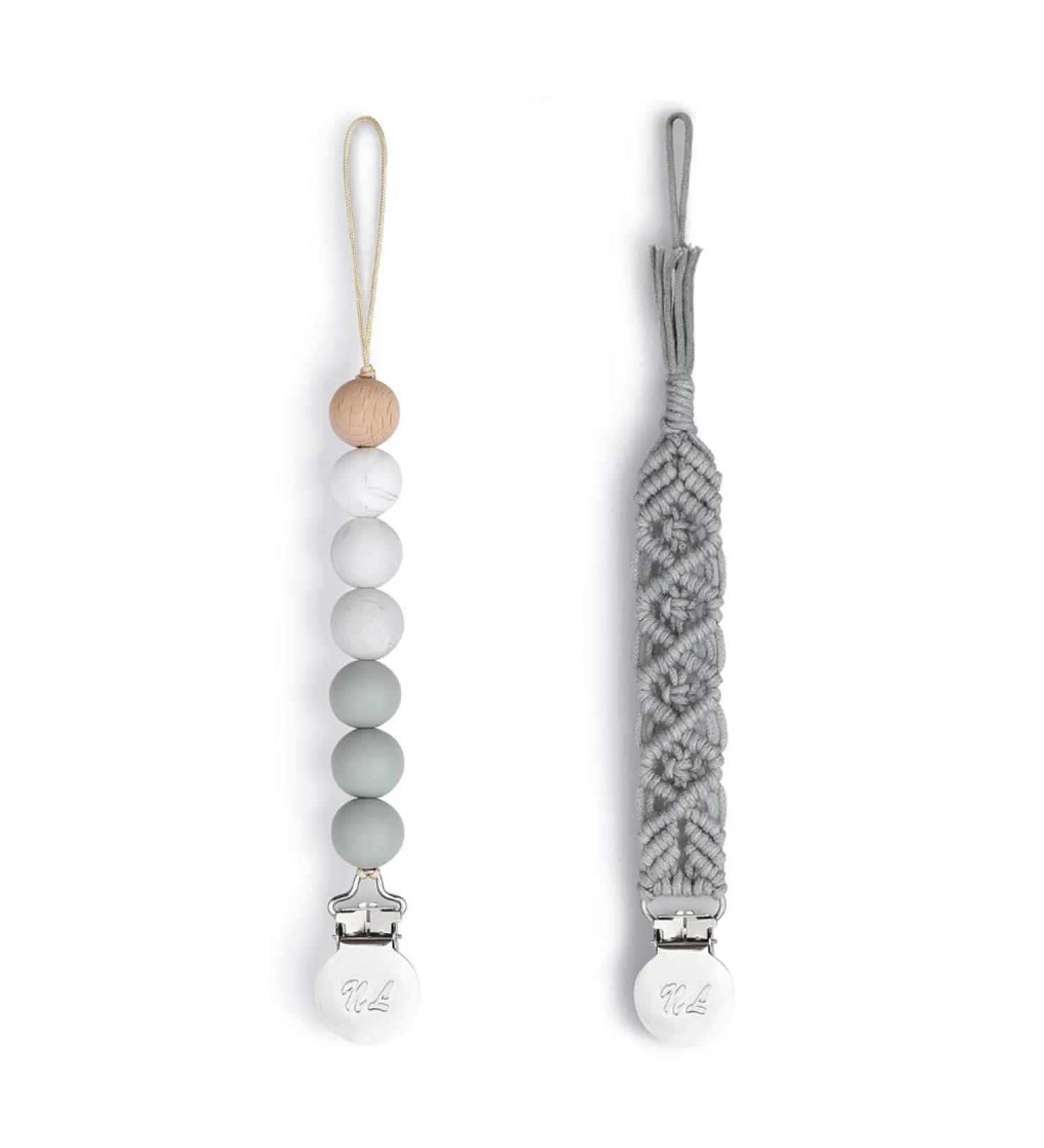 Pacifier Clips 2-Pack: Grey Binky Holder & Cotton Rope Natural Teething Holder for Baby Shower Gifts - Buy Online on SooperMarket.com