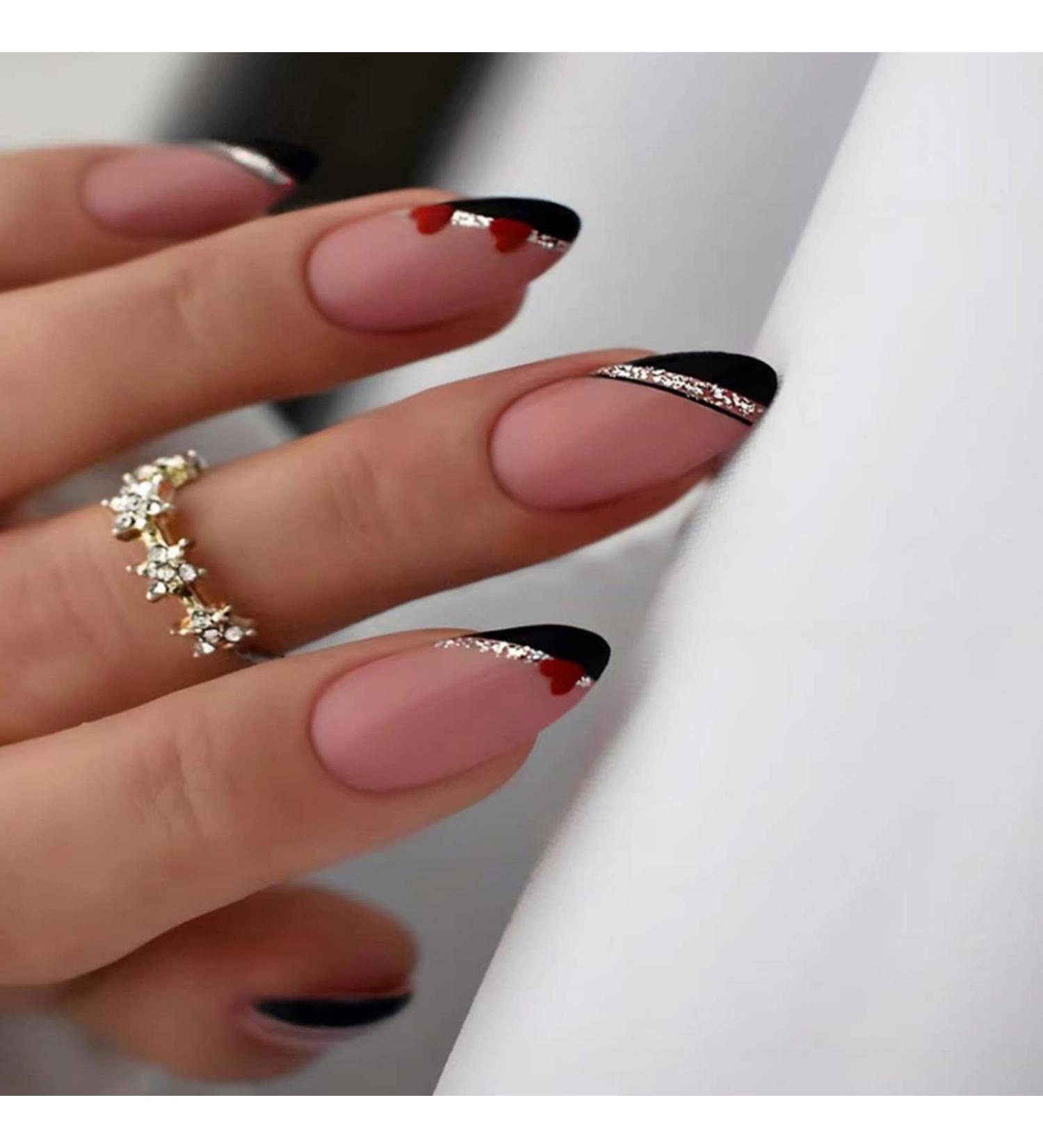 Justotry 24 Pcs Gold Swirl Stiletto False Nails Short with Heart French Press on Nails - Nail Glue Included | Almond Stick on Nails for Women - Black & Heart Design | Nail Art Fake Nails - Buy Online on SooperMarket.com