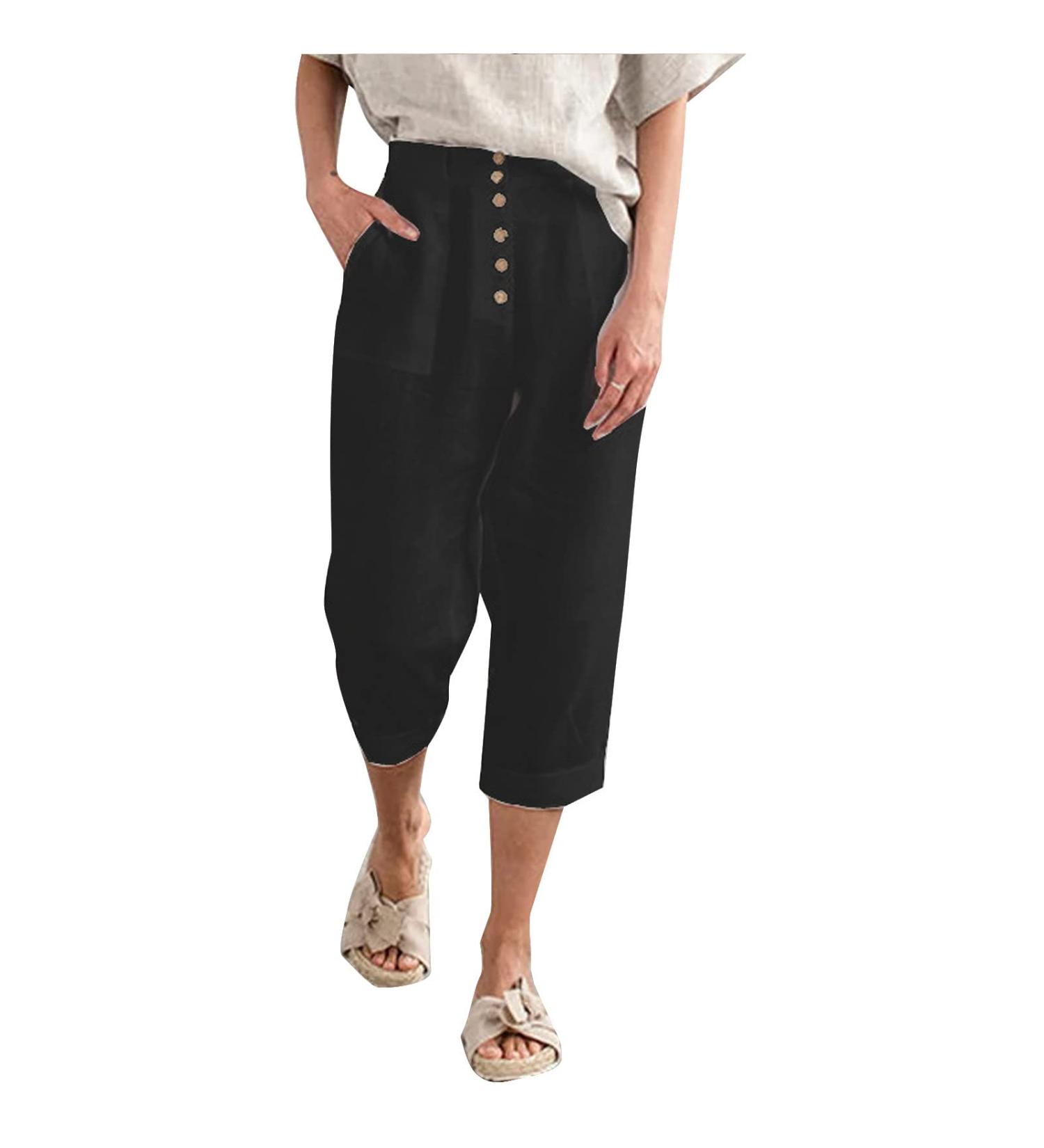 Gufesf Women's Cotton Linen Palazzo Pants - Summer Wide Leg Trousers with Pockets | Black, Small - Buy Online on SooperMarket.com