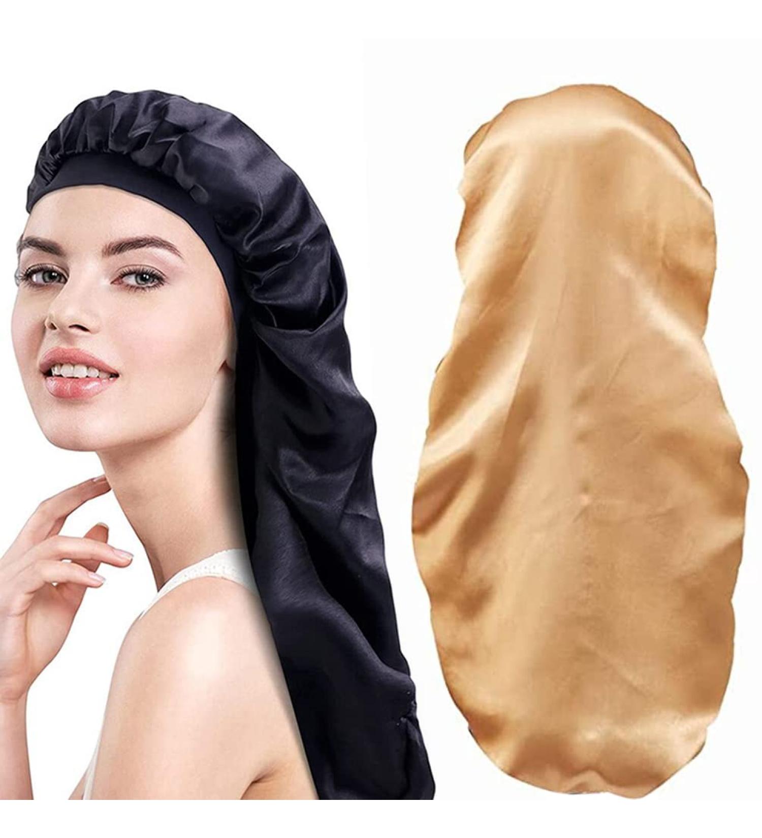 Extra Long Satin Bonnet for Women - 2 Pcs Braid & Curly Hair Bonnets - Soft Silk - Black/Golden - Buy Online on SooperMarket.com