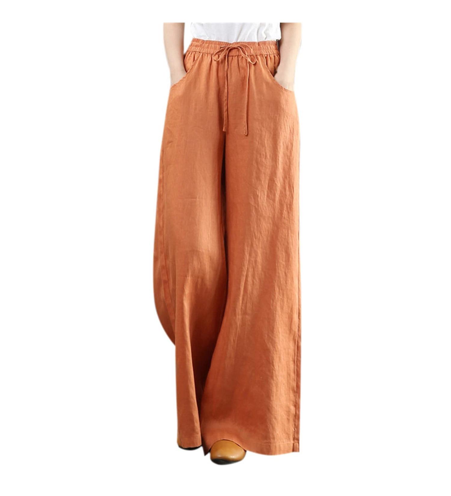 Kaniem Summer High Waist Cotton Linen Wide Leg Pants 2023 | Casual Flowy Elastic Waist Palazzo Pants | Loose Fit Orange - X-Large - Buy Online on SooperMarket.com