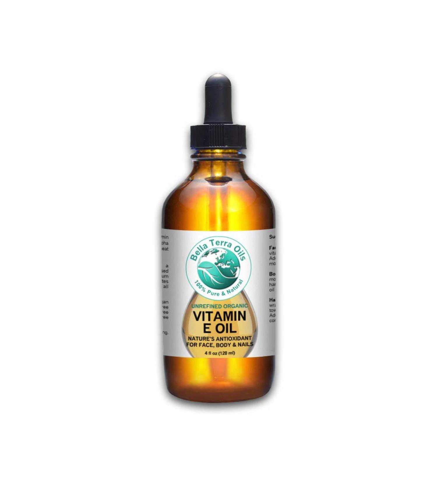 Bella Terra Oils Vitamin E Oil 4 oz - 100% Pure Organic D-Alpha Tocopherol - Natural Antioxidant Moisturizer for Skin, Hair, Scars & Stretch Marks - Maximum Strength - 4 Fl Oz - Buy Online on SooperMarket.com