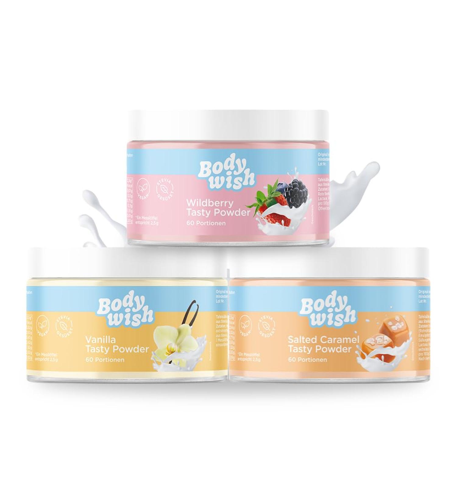 Bodywish Mixed Tasty Powder - Low-Calorie Sugar Substitute | Natural Flavor | 3 x 150g (Vanilla Salted Caramel Wildberry) - Buy Online Internationally - Buy Online on SooperMarket.com
