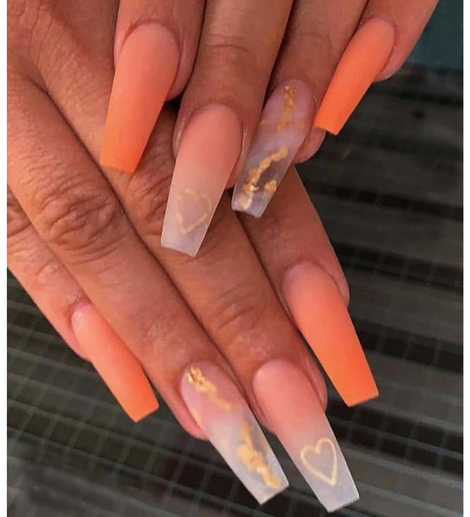 Brishow Heart Long Orange Ballerina Press-On Nails - 24PCs Acrylic Artificial Fingernails for Women & Girls - Buy Online on SooperMarket.com