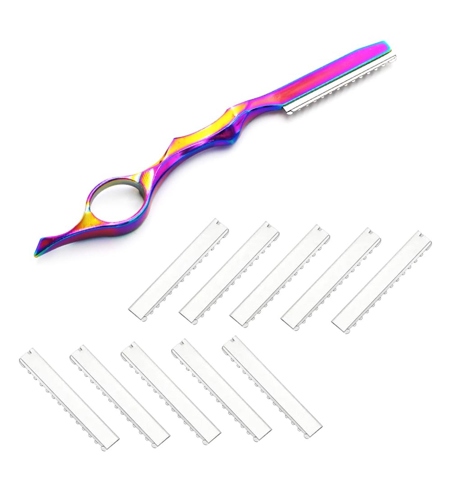11Pcs Hair Styling Thinning Razor Set 1 pcs Hair Styling Razor Hair Thinning Comb Hair Texturizing Cutting Razor and 10pcs Replacement Stainless Steel Razors Blades for Salon Home Use (Color)