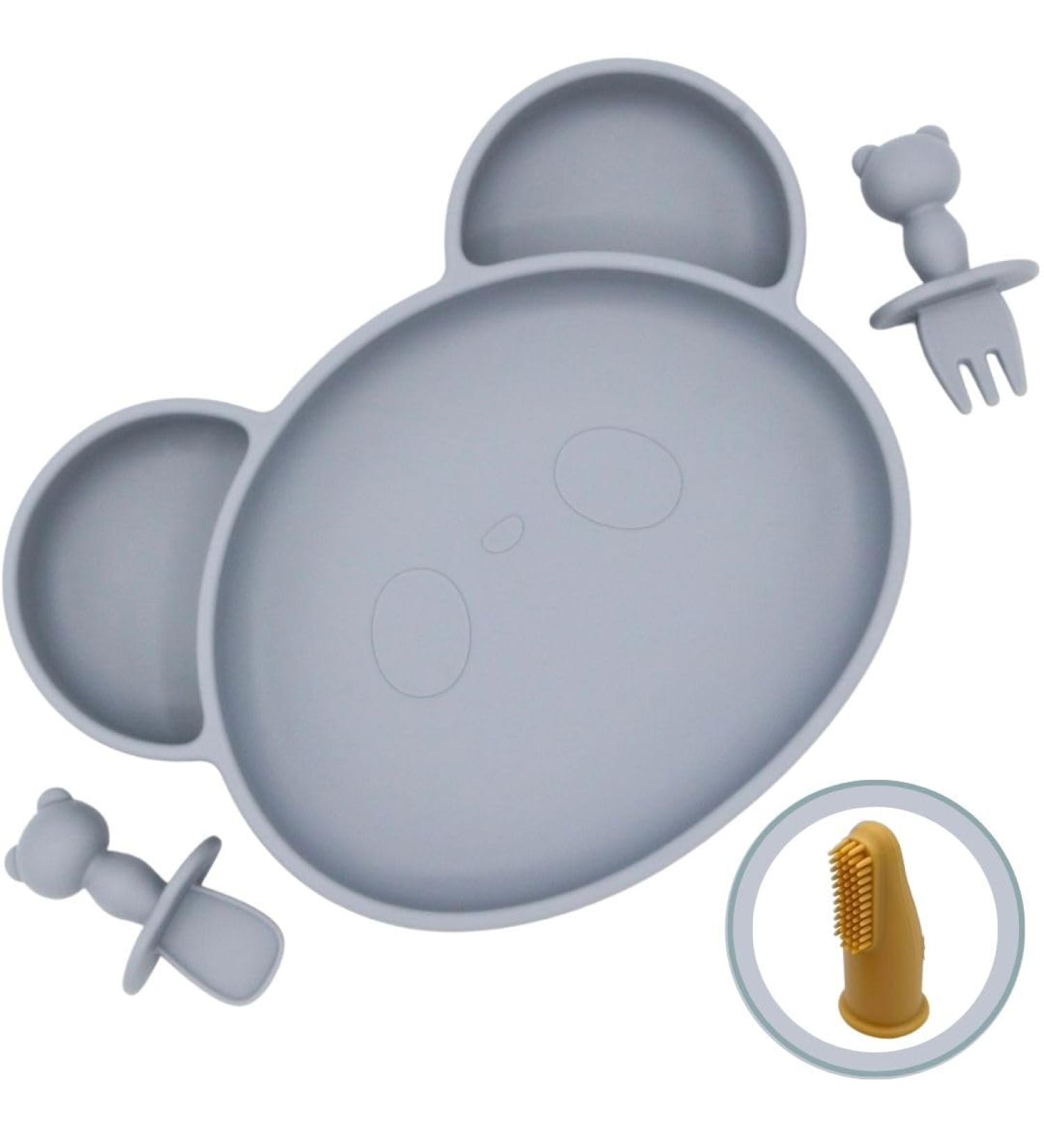 Suction Plate Baby Cutlery Set with Toothbrush, Bowl, Spoon, Fork - Dishwasher Safe, Pebble Grey - Buy Online on SooperMarket.com