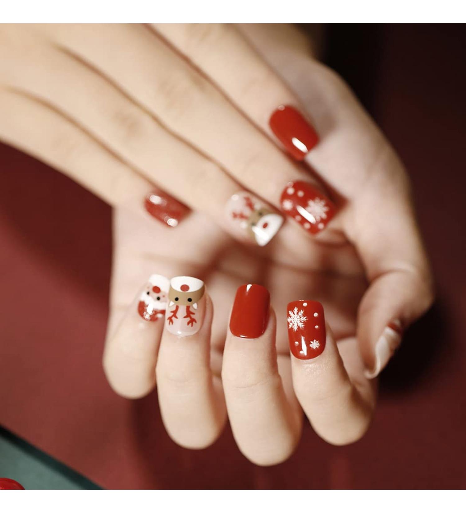 Vatocu Christmas False Nails - Short Red Press On Nails with Snowflakes, Elk, Snowman Design - 24pcs for Women and Girls - Buy Online on SooperMarket.com
