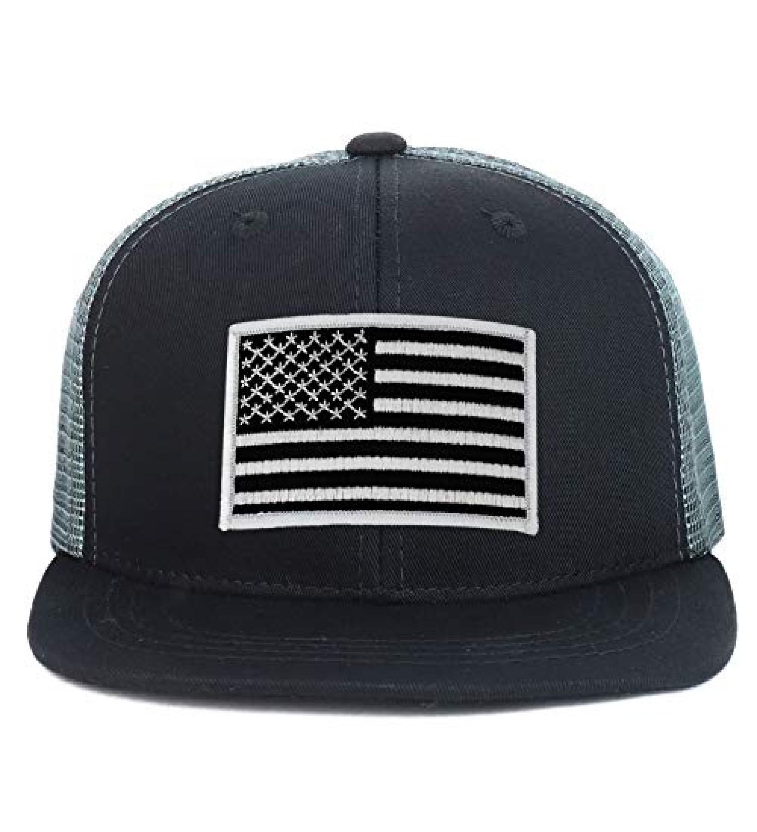 Armycrew Youth Kid's Black White American Flag Patch Flat Bill Snapback Trucker Cap One Size Black Grey