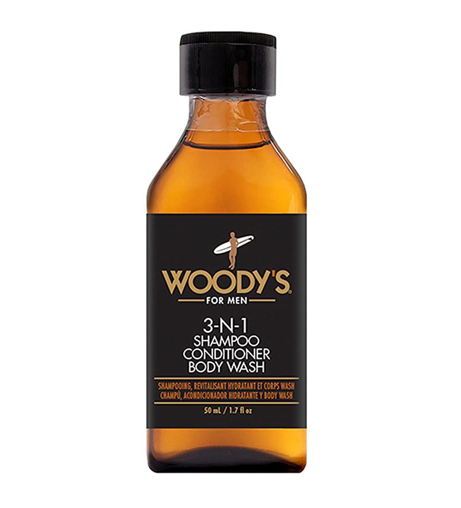 Woody's 3-in-1 Shampoo Conditioner & Body Wash for Men - Travel Size with Marine & Cucumber Extracts 1.7 Fl Oz - Buy Online on SooperMarket.com