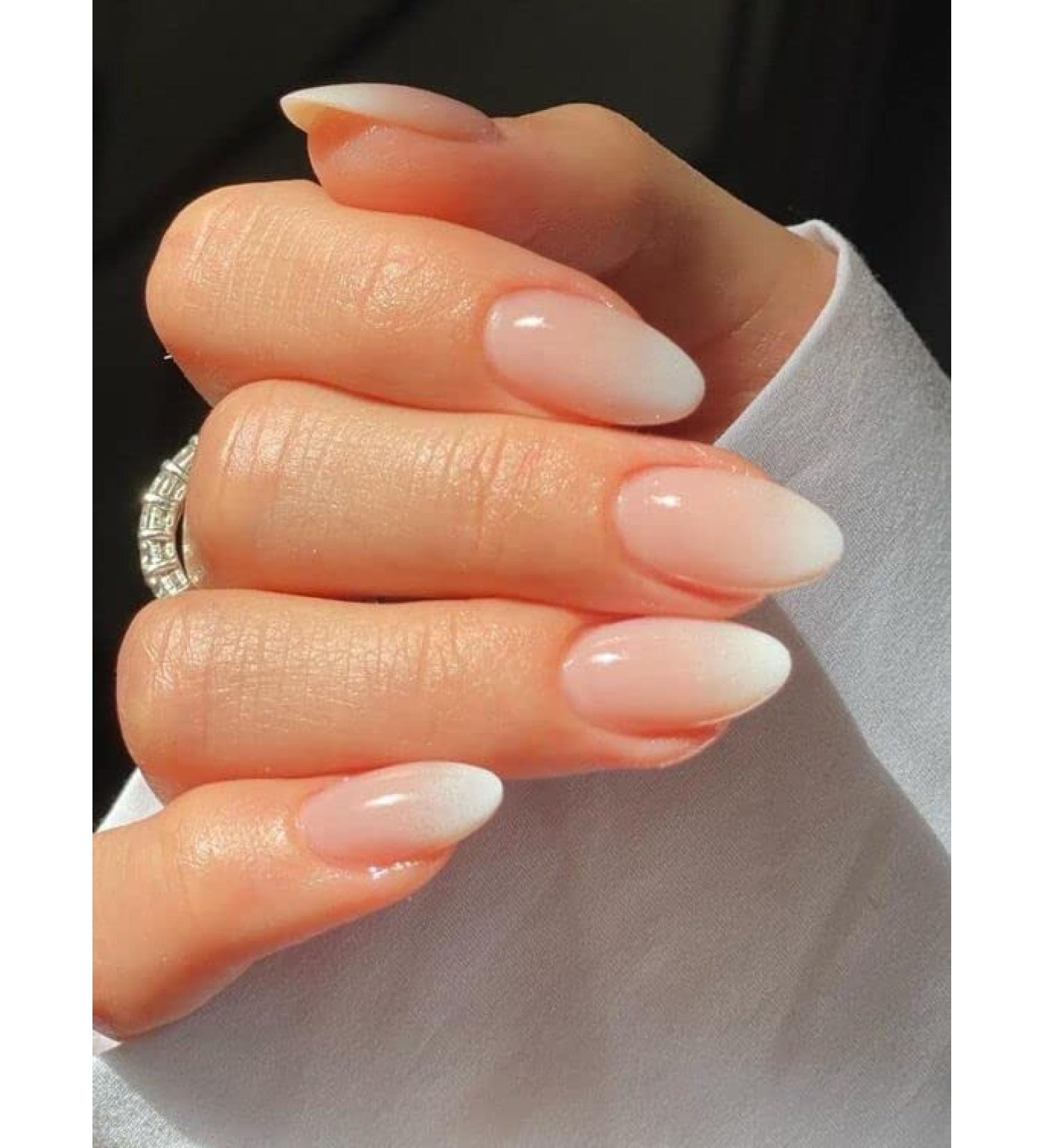 Mouyou Press On Nails - Short Almond Nude Gradient White Acrylic Full Cover Nail Set for Women & Girls - includes Nail Glue - Buy Online on SooperMarket.com