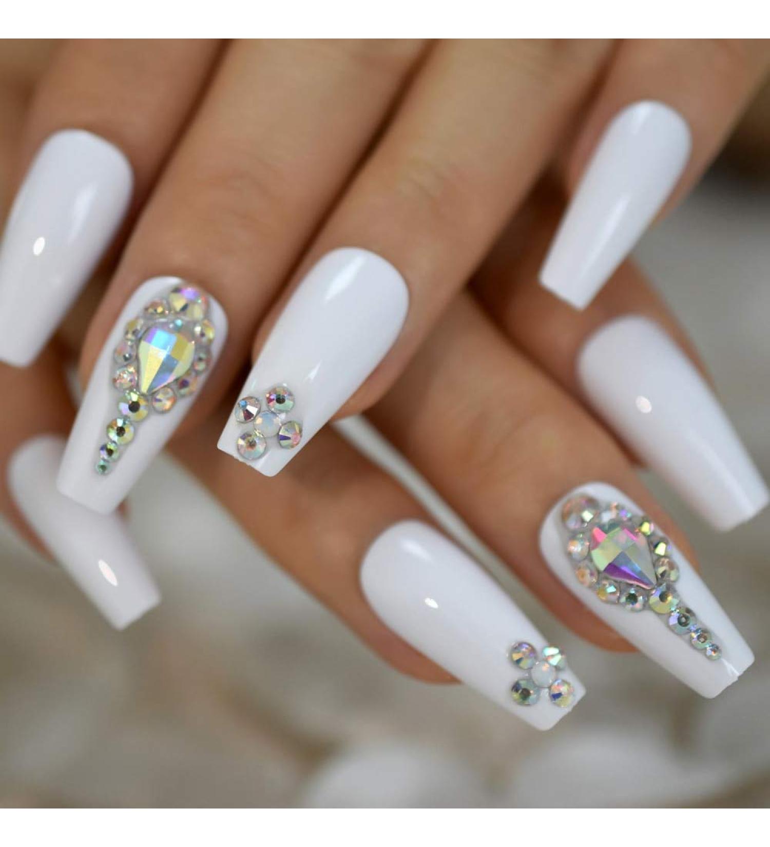 White 3D Shiny Holo Gems French Coffin Ballet False Nail Set | Coolnail Press-On Nails - 24pcs/set - Buy Online on SooperMarket.com