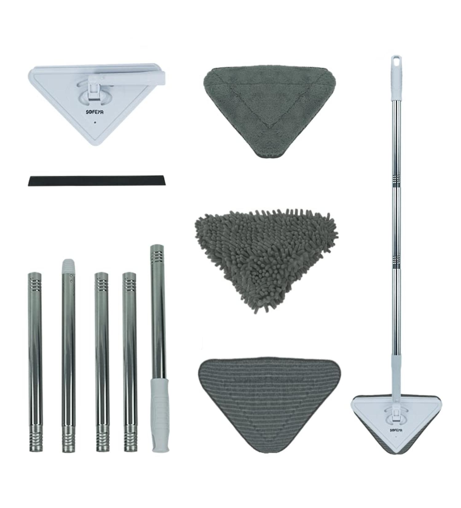 Sofeya Wall Mop Cleaner with Long Handle - Triangle Mop with Extension Pole for Walls, Ceilings, Windows - 3 Replacement Pads Included - Wet & Dry Use - Buy Online on SooperMarket.com