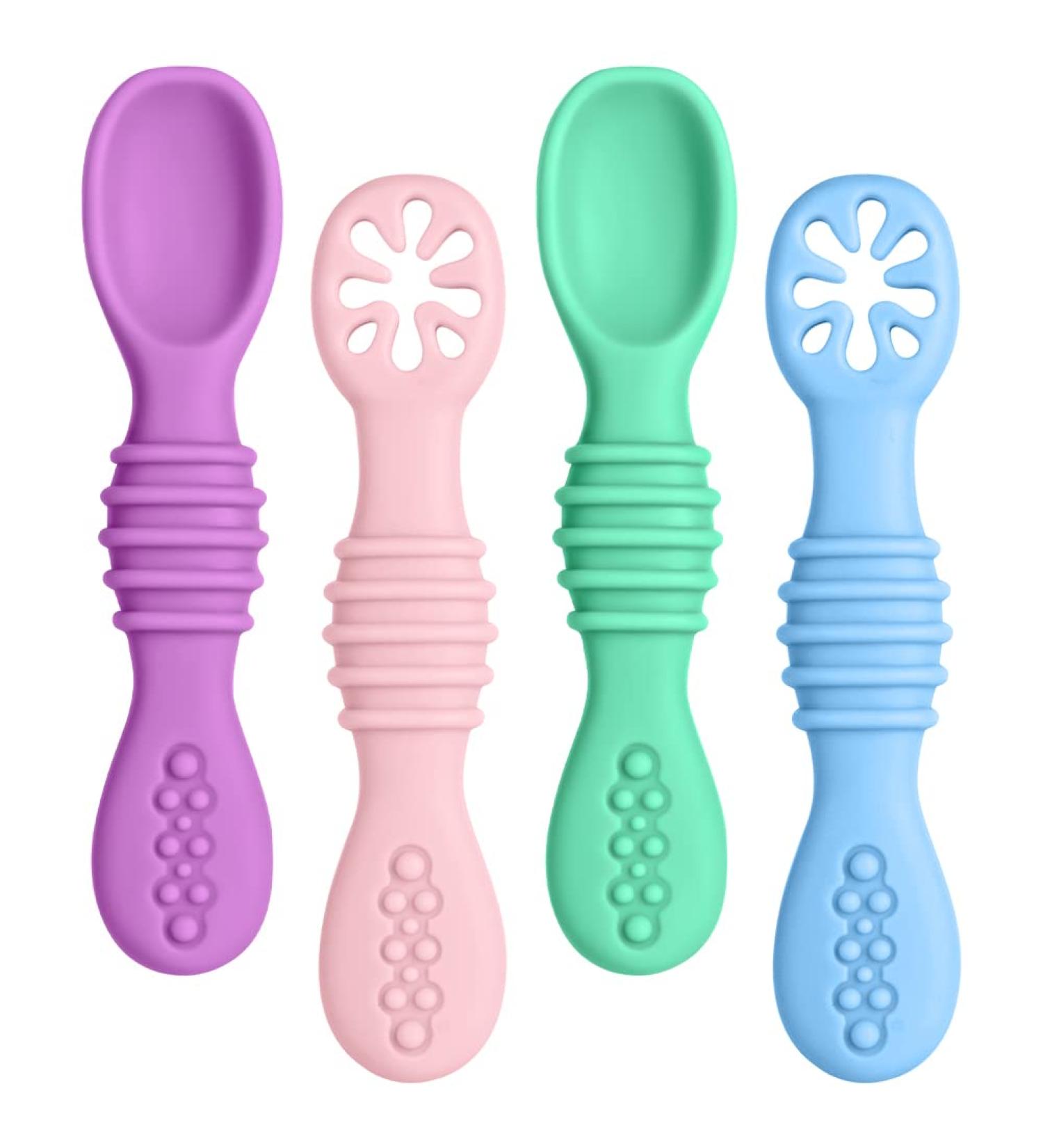 Vicloon Baby Fork and Spoon 4Pcs Set - Silicone Self Feeding Utensil for Infant Toddler - Easy Grip Soft Spoon Toddler Cutlery Kit - First Led Training Weaning - Blue/Pink/Purple/Green - Buy Online on SooperMarket.com