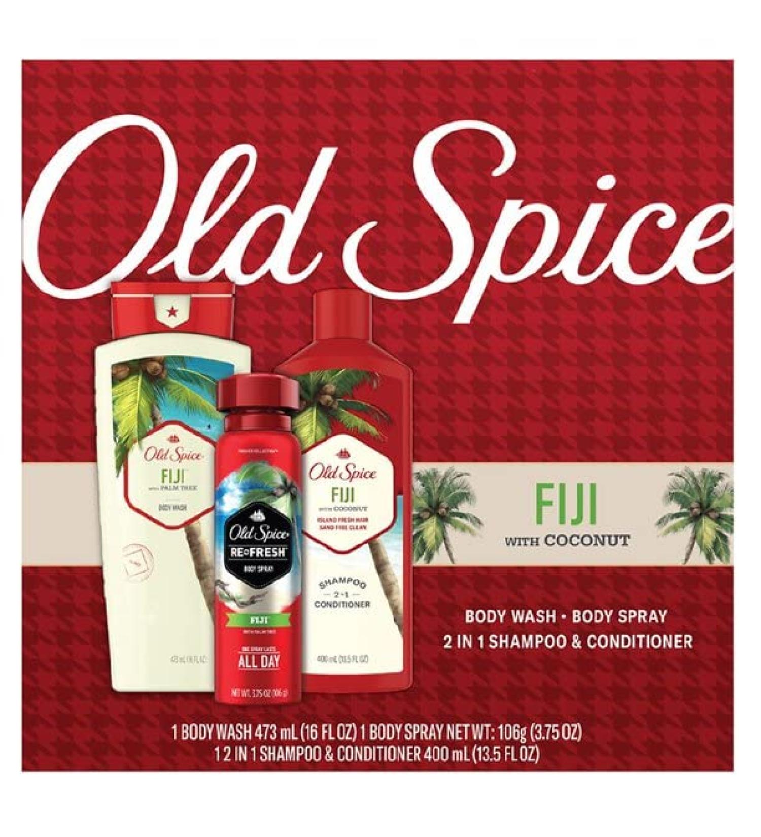 Old Spice Fiji Holiday Gift Set - Body Wash Body Spray 2-in-1 Shampoo & Conditioner Deodorant Great Skincare for Men