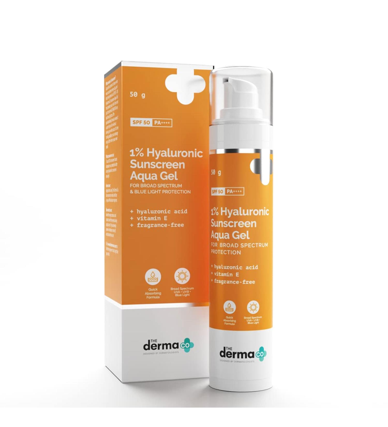 1% Hyaluronic Sunscreen Aqua Gel SPF 50 | Broad Spectrum UVA/B & Blue Light Protection | Lightweight Quick Absorbing | Vitamin E | 50g - Buy Online on SooperMarket.com