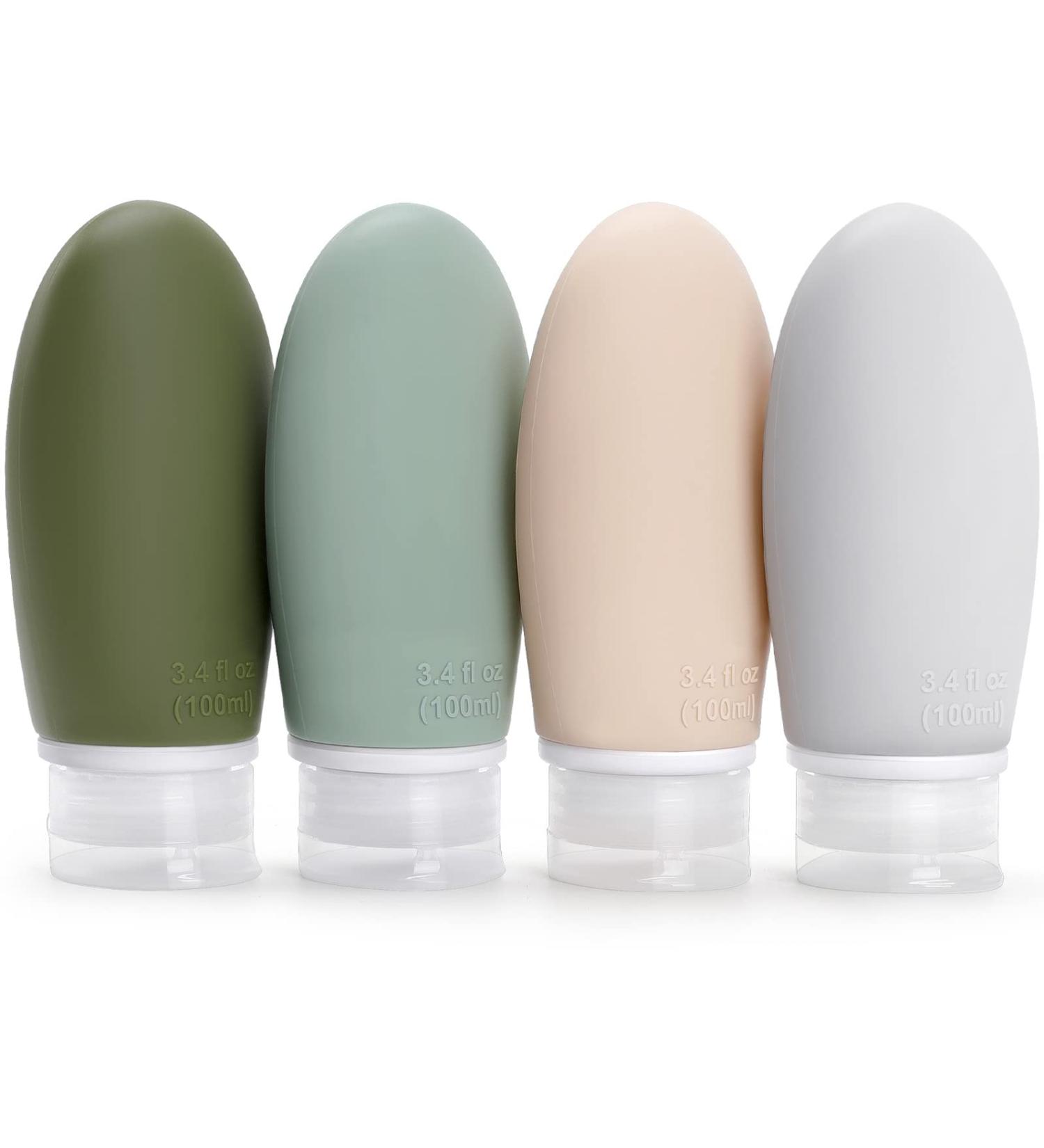 4-Pack 100ml Silicone Travel Bottles Set - Leak-Proof Refillable BPA-Free - Ideal for Cosmetics & Shampoo - TSA Approved - Gray White Blue Green - Buy Online on SooperMarket.com