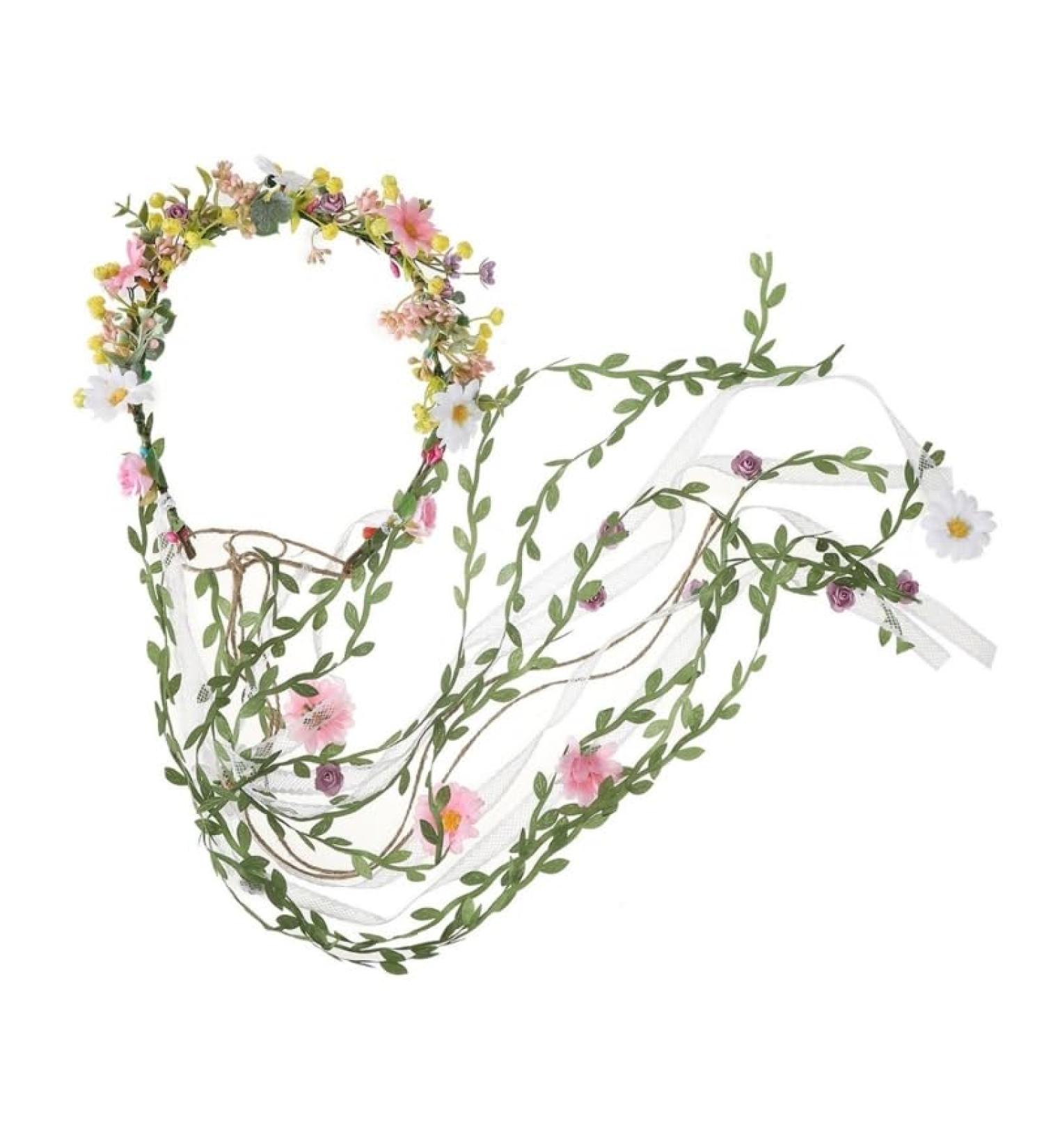 Delicate Flower Crown Ethnic Style Girls Cosplay Fairy Hair Hoop Bride Wedding Party Headband with Long Leaves Tassels - Buy Online on SooperMarket.com
