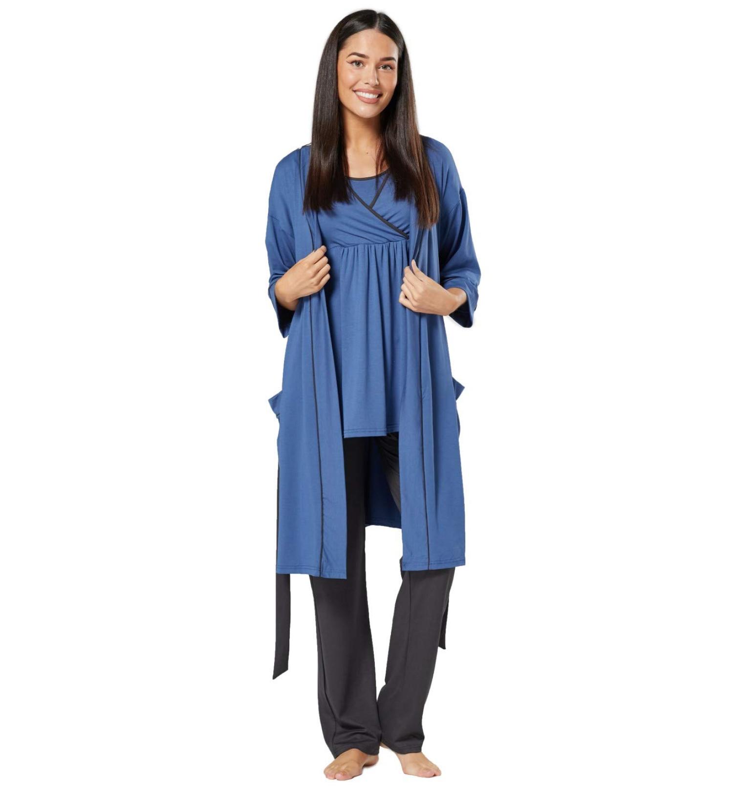 Happy Mama Maternity Nursing 3pcs Nightwear Set - Blue Jeans & Graphite - Buy Online on SooperMarket.com