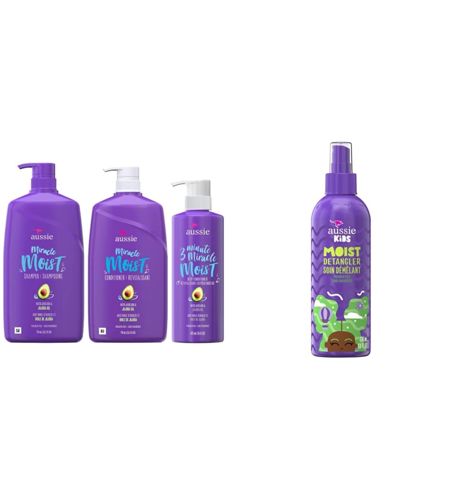 Aussie Miracle Moist Shampoo + 3 Minute Miracle Deep Conditioner Hair Treatment | Kids Moist Detangler (8 fl oz/236 mL) 4 Piece Set