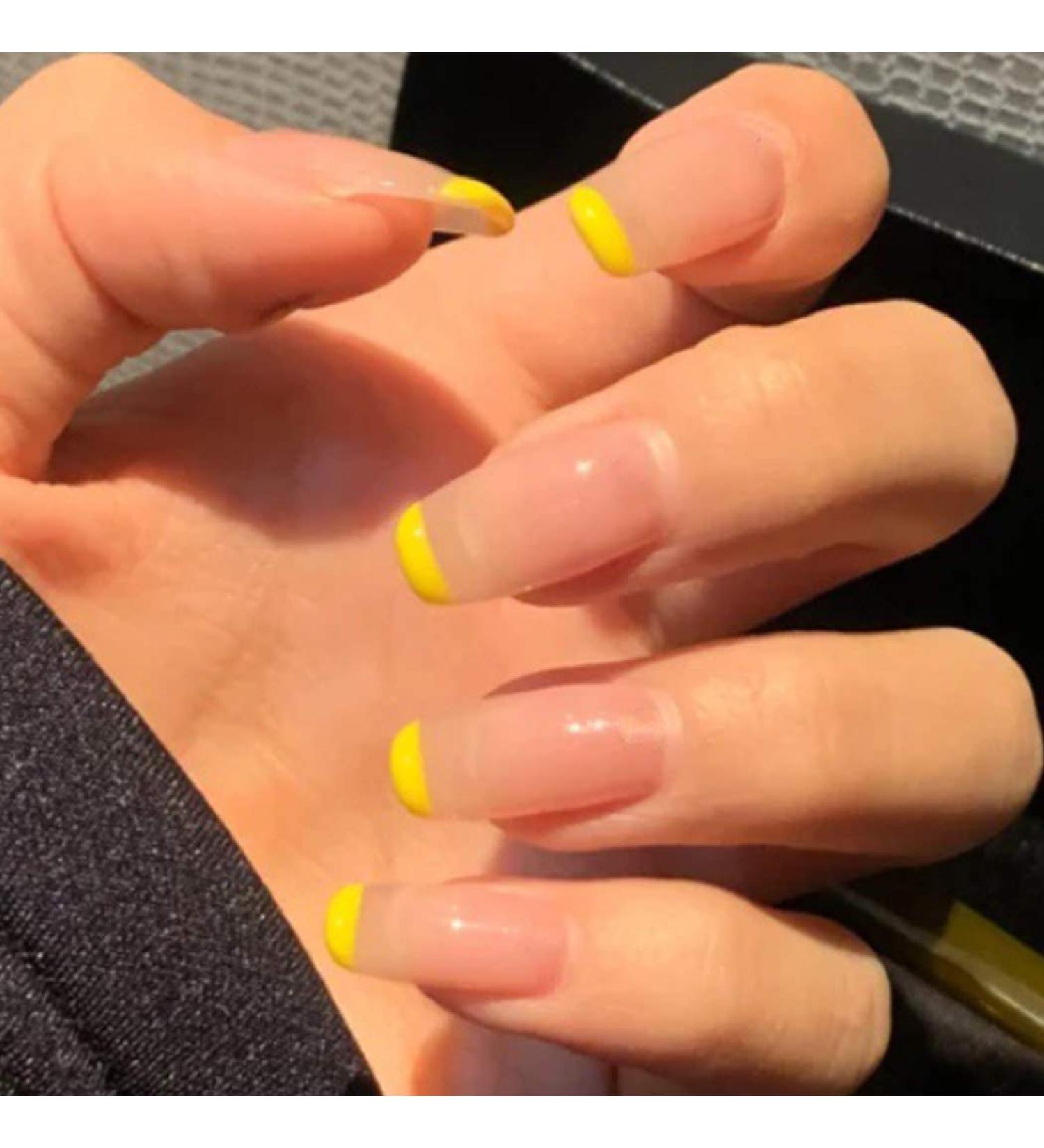 Handcess Short Shiny Square Artificial Nails - French Art Design in Yellow/Pink - 24 Press-On Nails for Women & Girls - Buy Online on SooperMarket.com